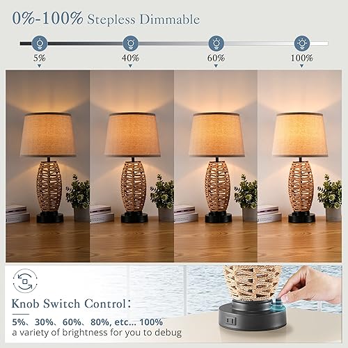 Miniatura 3 de LEDIARY Lámpara de mesa de ratán costero con salida de CA y 2 puertos USB, lámparas de mimbre 0-100% regulables para dormitorios, lámparas bohemias