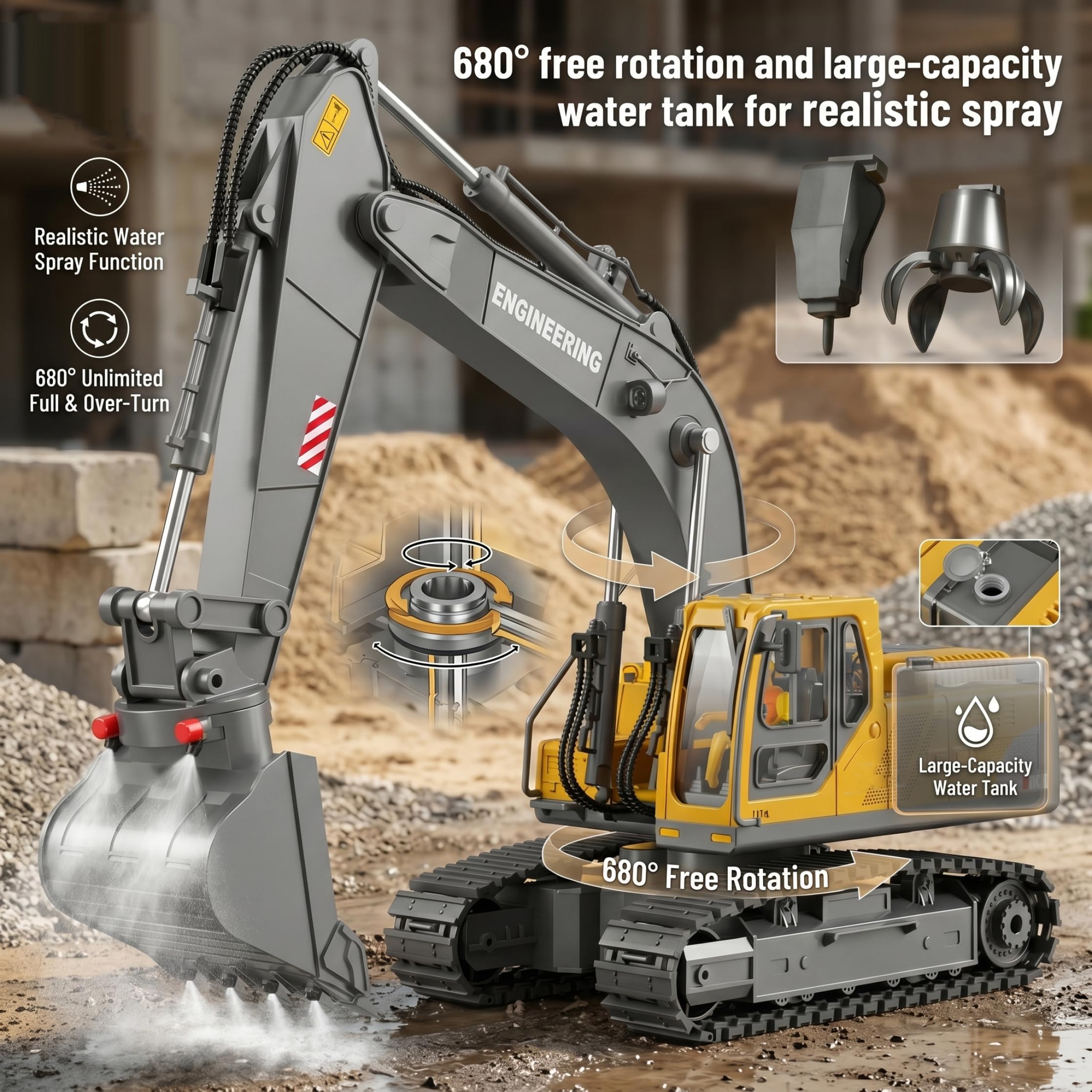 Excavadoras, Excavadora De Control Remoto, Vehículo De Construcción RC 3 En 1 De 15 Canales con Función De Pulverización, Juguete De Excavadora Recargable De Aleación Y Abs, Amarillo