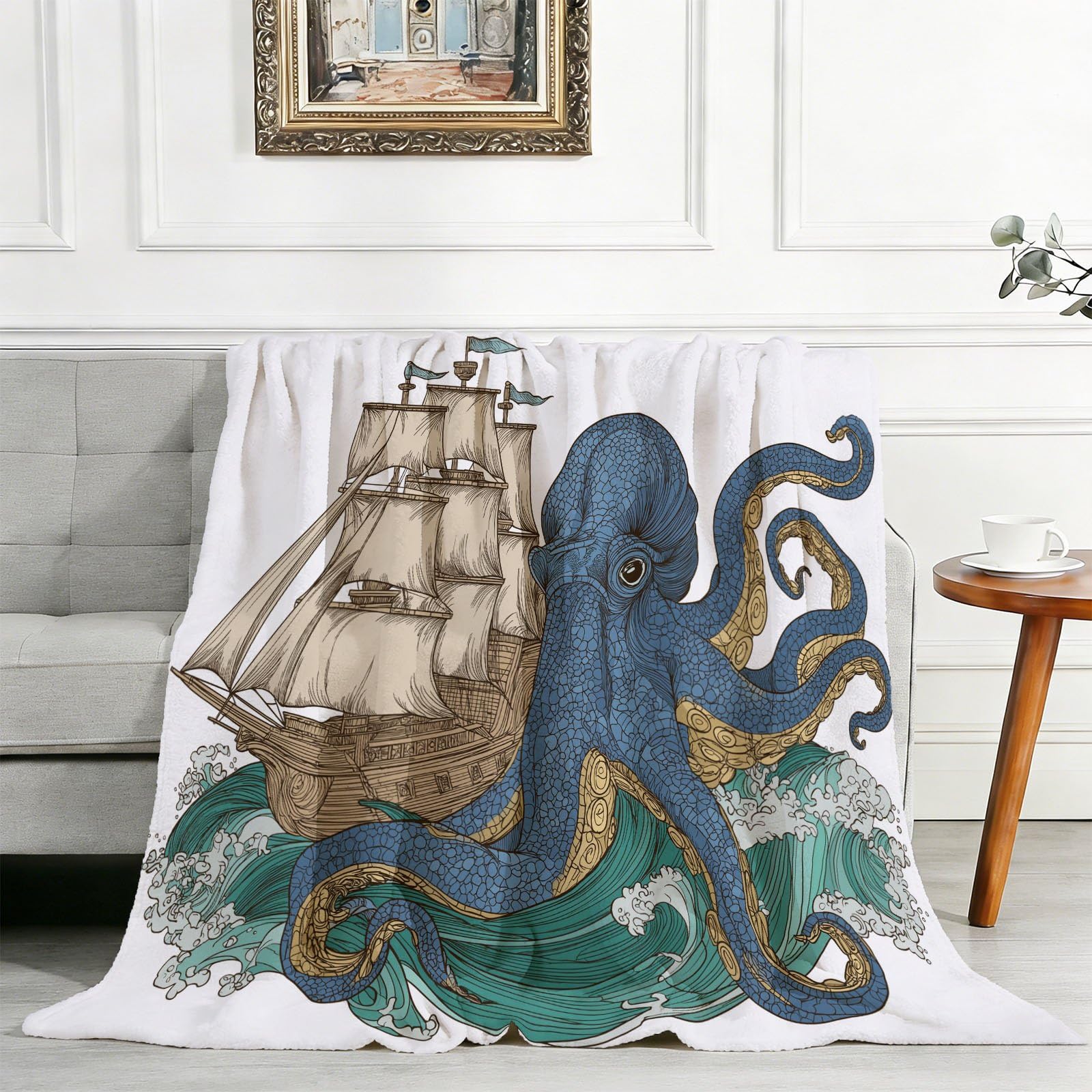 Coperta sherpa retrò costiera con stampa a onde di polpo a vela reversibile e morbida coperta in pile accogliente, 180 x 200 cm, per biancheria da letto, divano, letto, decorazione per la casa, blu