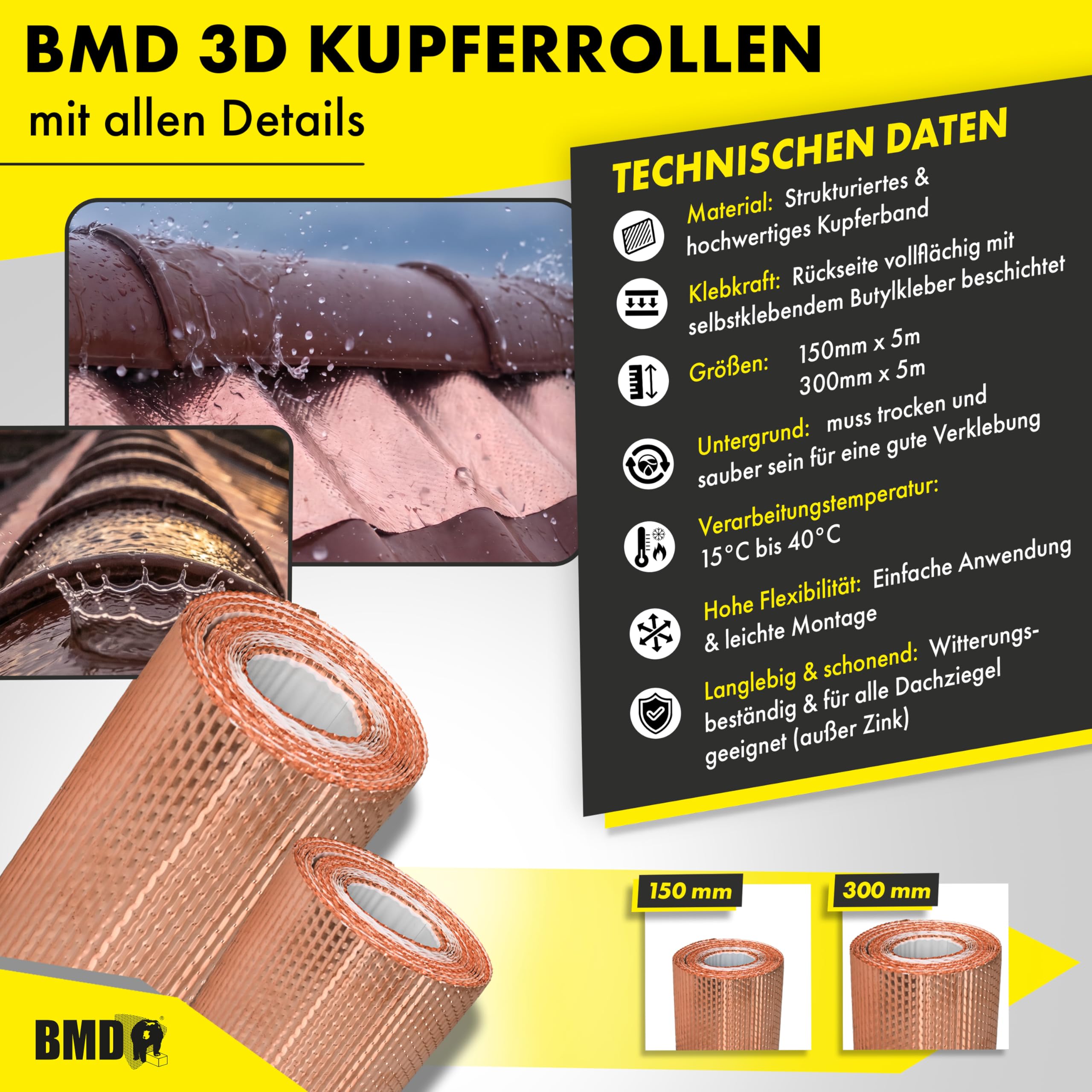 BMD 3D Moos Stopp Kupferband | 300mm x 5m | 2 Größen | UV-stabil | Butylkleber selbstklebend | Entmoosung von Dachziegeln | Profiqualität zur Reinigung des Daches | Anti-Moos