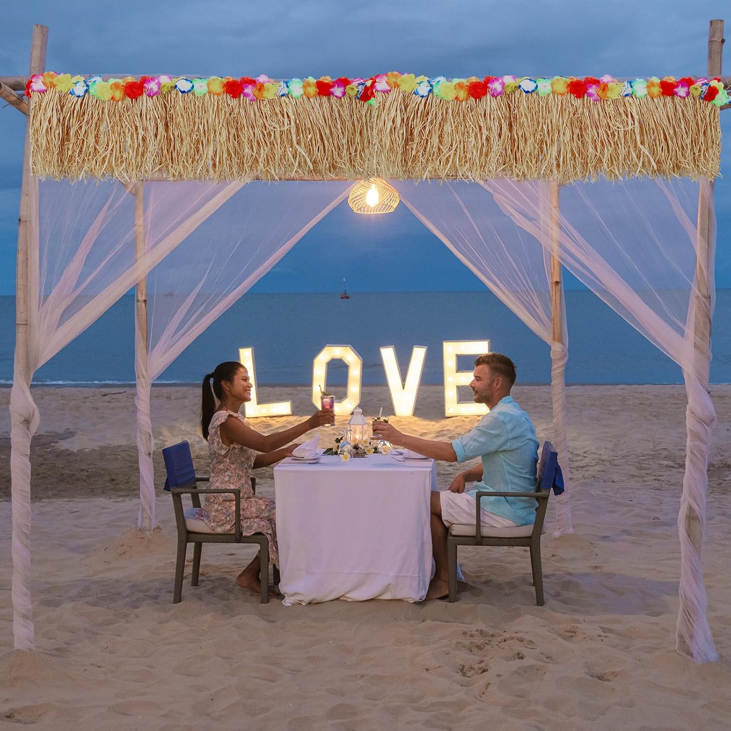 Lyrow Natural Hawaiian Luau Grass Raffia Fringe Banner 143 x 11.8 Inch Hawaiian Grass Table Skirt Tiki Bar Decoration for Tropical Deck Skirting Tent Chair Summer Birthday Party