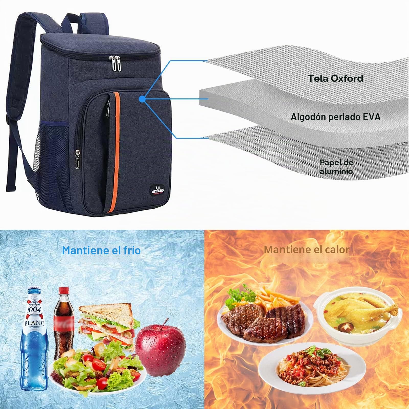 Mochila Nevera Isotérmica 23L - Bolsa Térmica Impermeable Grande para Picnic, Almuerzo, Playa, Camping y Senderismo - Refrigeración (Azul)