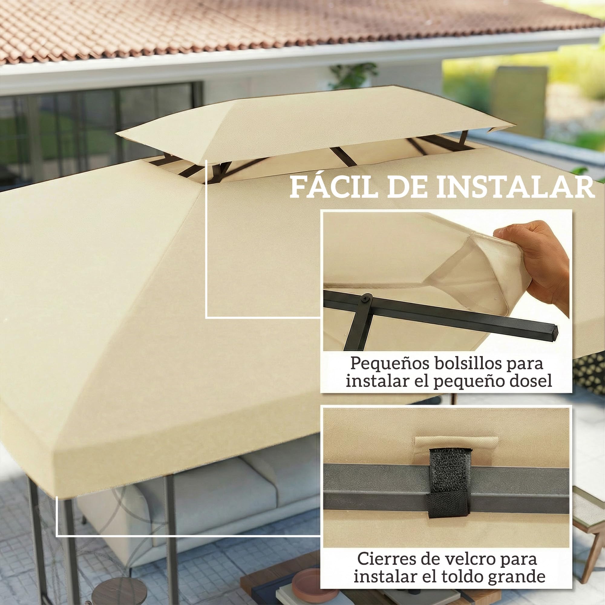 Outsunny Techo de Repuesto para Cenador, 4x3 m, Cubierta de Repuesto con Techo Doble, 10 Orificios de Drenaje y Protección UV, Solo Toldo de Recambio para Pabellón Gazebo, Blanco Crema