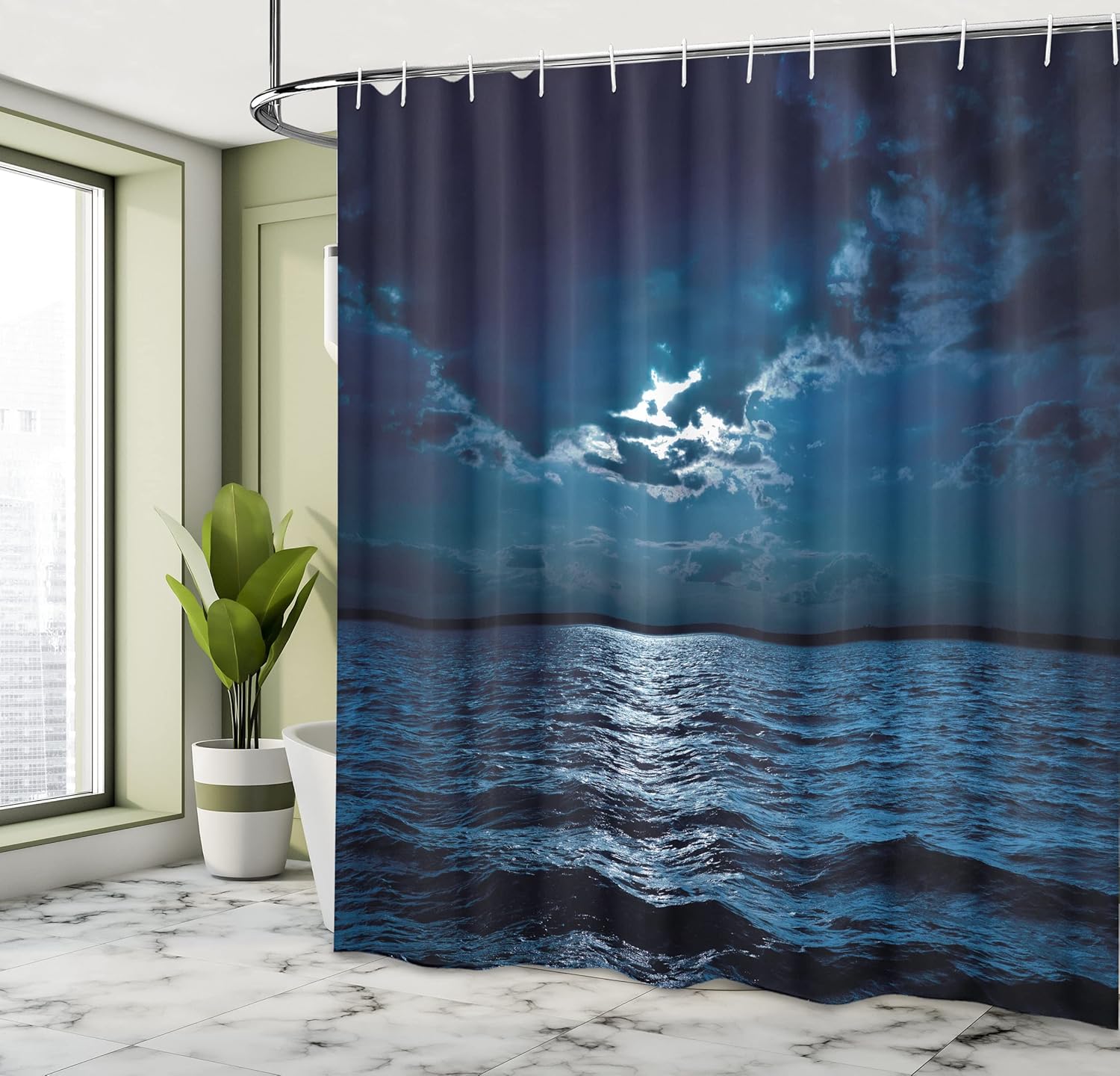 Ambesonne Night Shower Curtain, Majestic Dramatic Sky Clouds and Full Moon Over Seascape Calm Tranquil Ocean, Fabric Bathroom Decor Set with Hooks, 69" W x 84" L, Dark Blue White