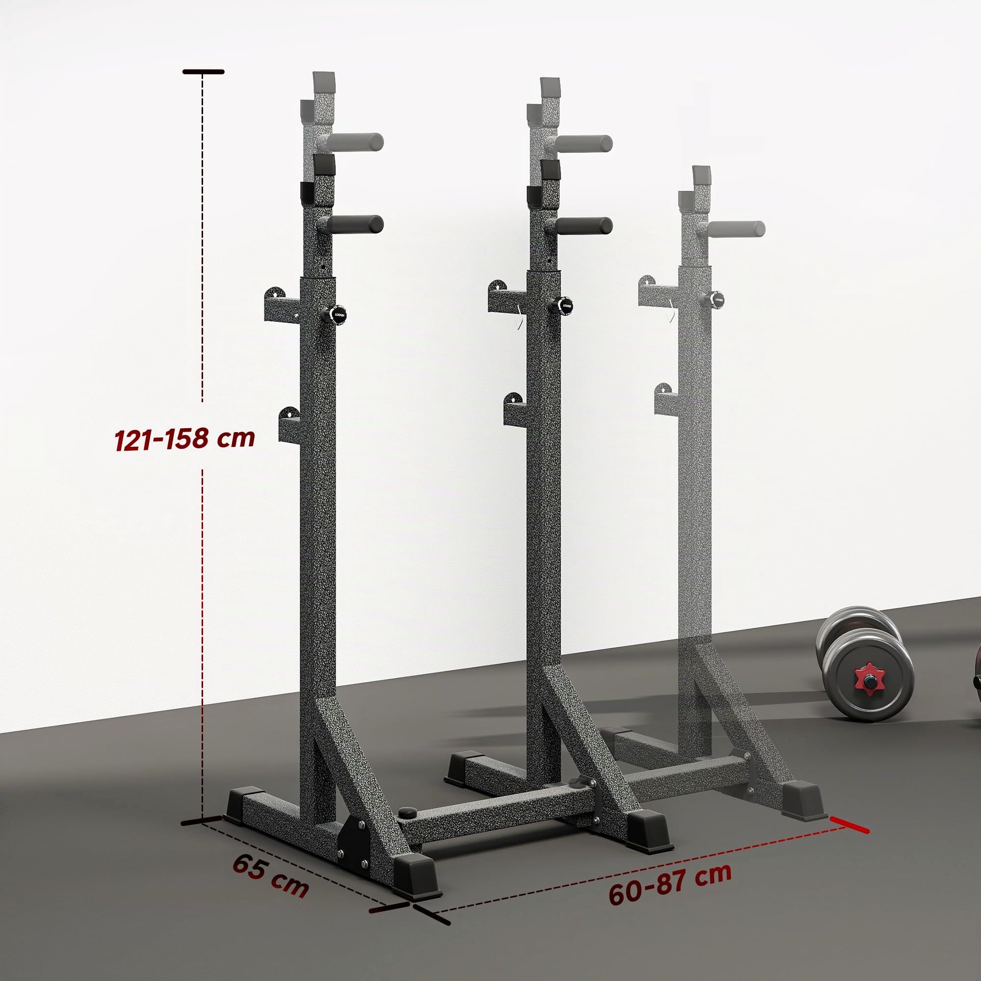 SPORTNOW Supporto per Bilanciere Rack Bilanciere 60-87x65x121-158cm Nero | Altezza e Larghezza Regolabili, in Acciaio ed EVA, Rack Palestra, Carico Massimo 150kg