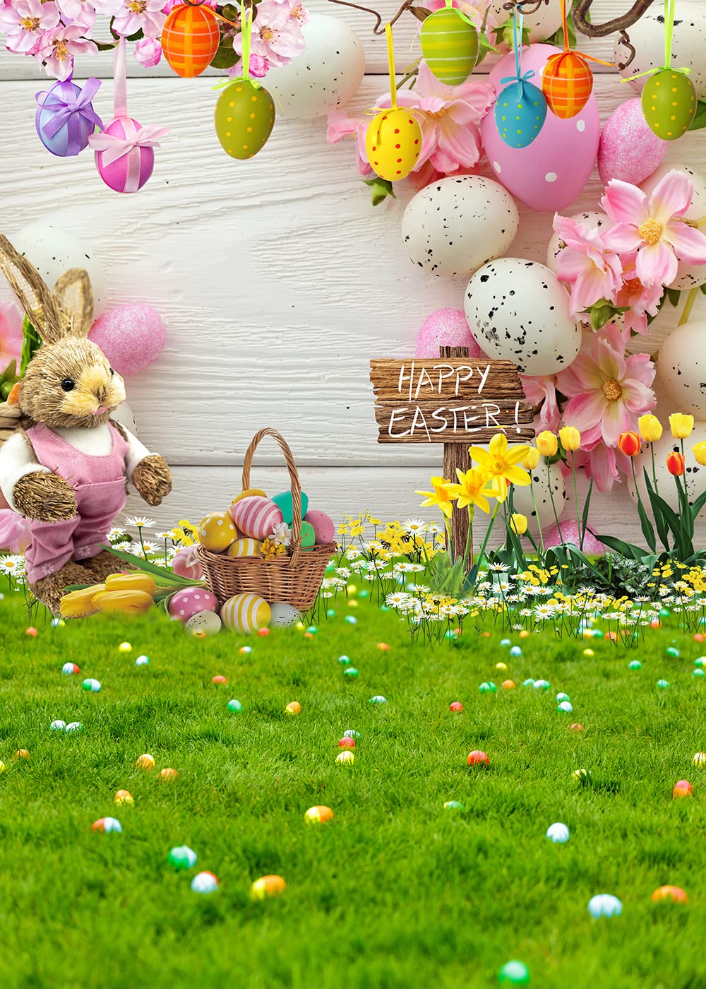 Dudaacvt 5x7ft Easter Backdrop Spring Easter Floral Backdrop Colorful Eggs Wood Floor Background Easter Backdrop Party Decoration Kids Newborn Portrait Photo Booth Props D622