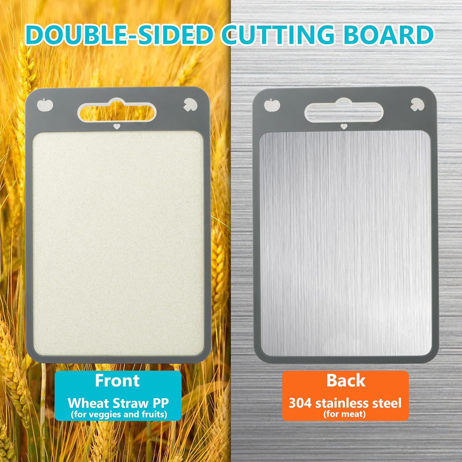 KAYCROWN Cutting Board Double Sided, Cutting Board for Kitchen, 16"x11", 304 Stainless Steel and Wheat Straw PP, Chopping Board with Non-Slip Edges, Butcher Block for Kitchen, Large Size