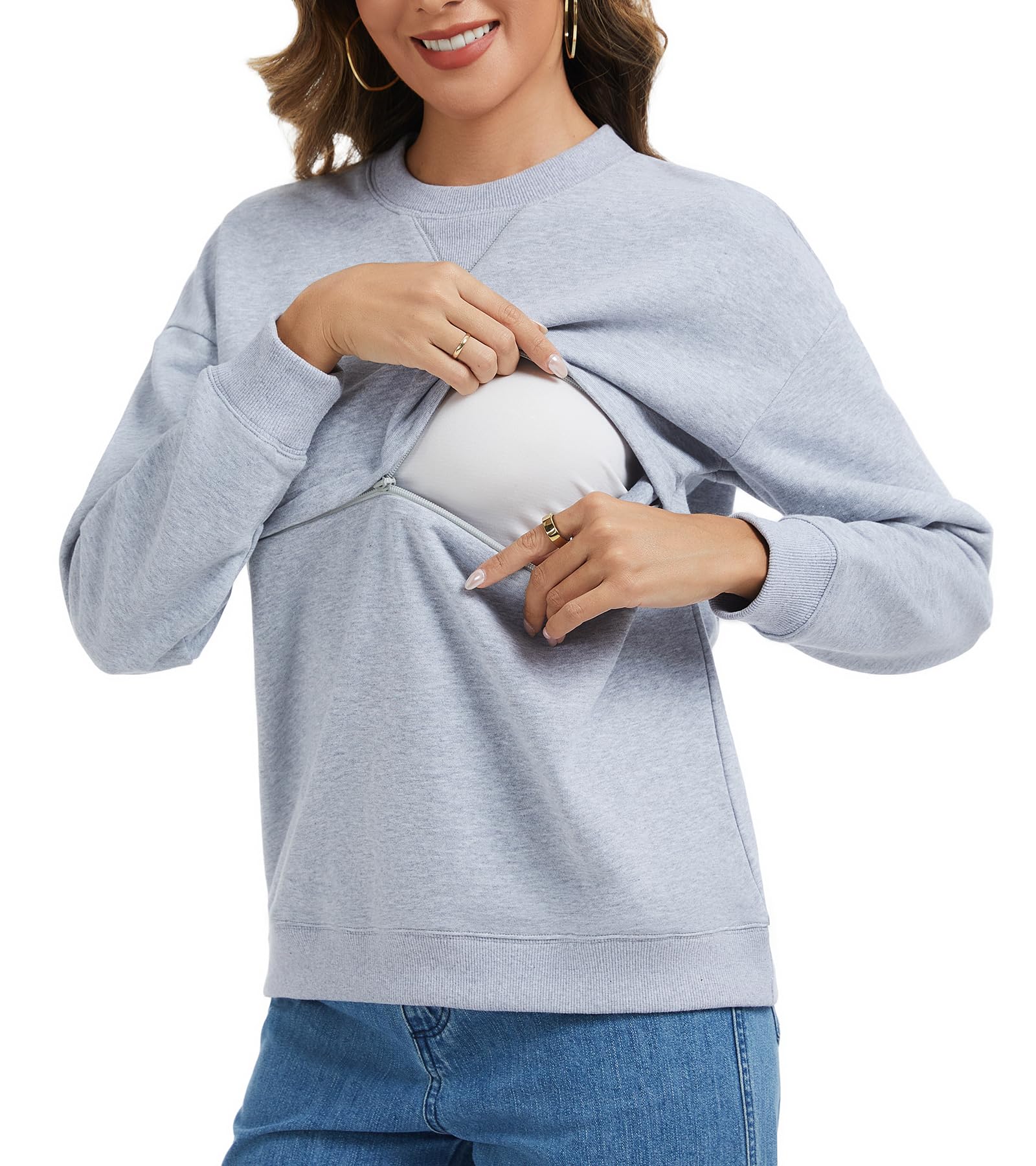 Sosolism Damen Stillshirt Baumwolle Reißverschluss Stillpullover