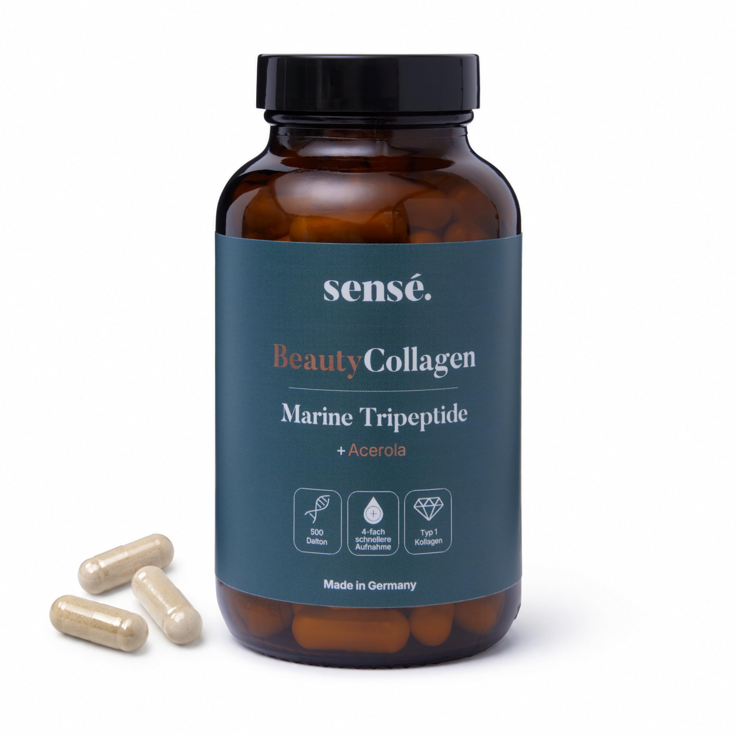 sensé. Kollagen Tripeptide Marine 120 Kapseln – SOLUGEL® 500 Dalton 2000mg hochdosiert | Bioaktiv | natürlichem Vitamin C aus Acerola | Kollagen Typ 1 | Made in Germany | Fisch