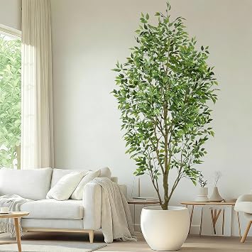 8ft Realistic Artificial Ficus Tree - 96 Inch Tall Faux Banyan Tree with White Planter, Large Fake Ficus Tropical Plant for Home Office Living Room Mall Porch Indoor Decor