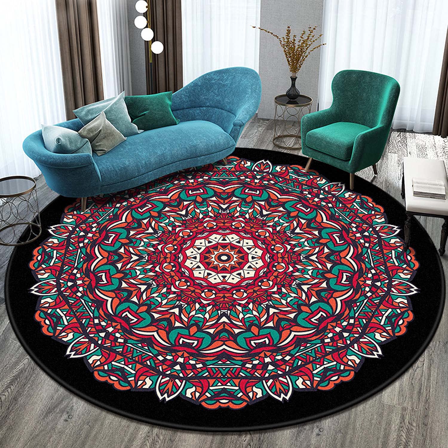 Dhao Tapis Rond Mandala Motif Bohême Moderne pour Salon Chambre à Coucher Cuisine Lavable Grands Antidérapant Tapis Diamètre: 140 cm