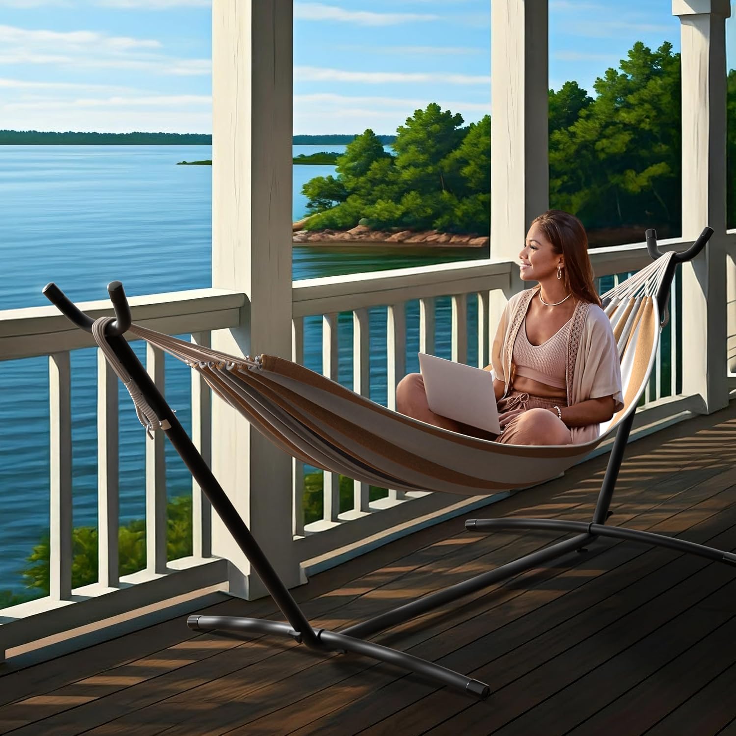 Sorbus 2-Person Hammock with Stand – 60" Cotton Blend Bed, Heavy Duty 450lbs Capacity, Portable with Carrying Case – for Garden, Patio, Outdoor, Camping, Gifts – Washable
