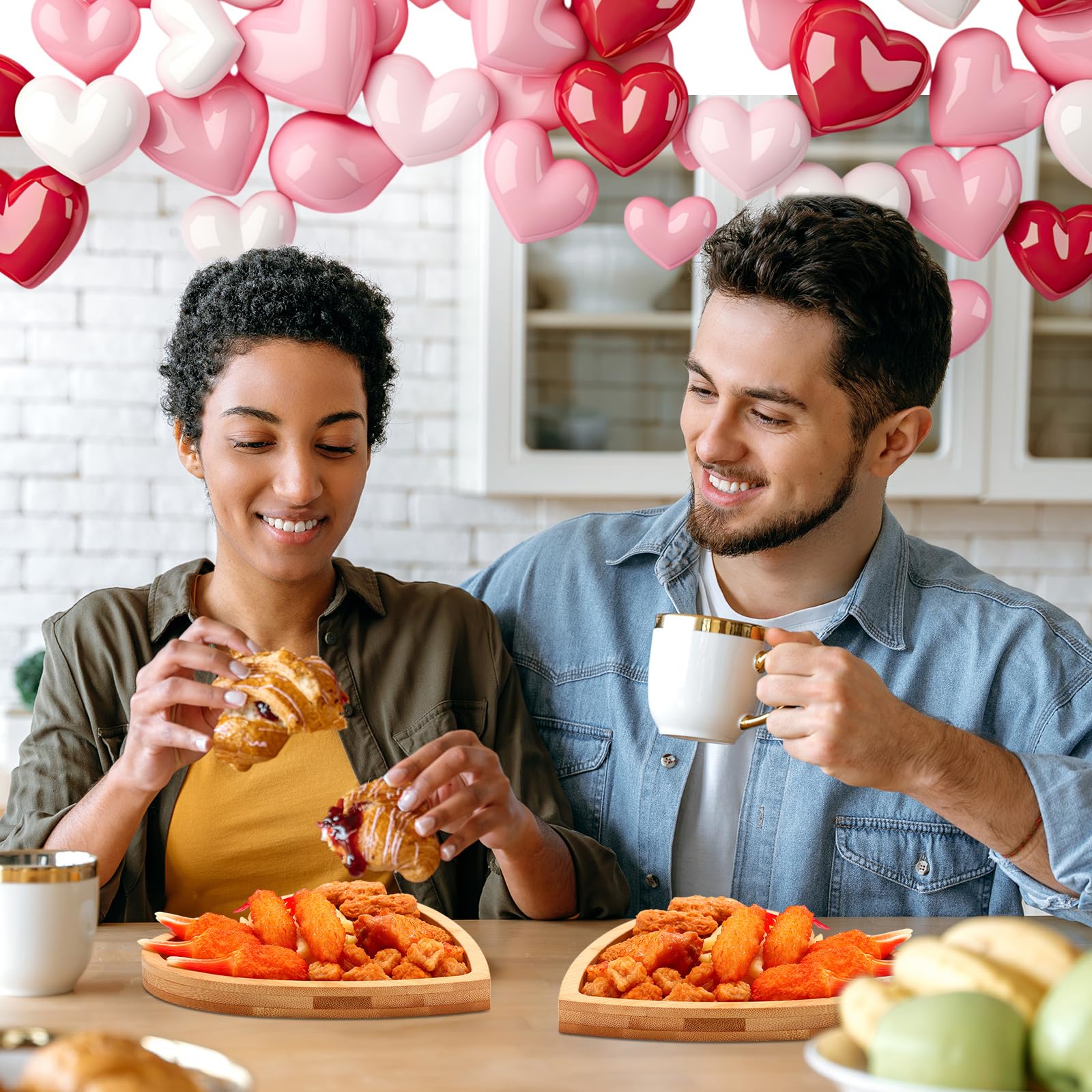 Suzile Lot de 6 plateaux de service réutilisables en bambou en forme de cœur pour la Saint-Valentin, fromage, charcuterie, dîner, gâteau, collation, gâteau (22,9 x 22,9 cm)