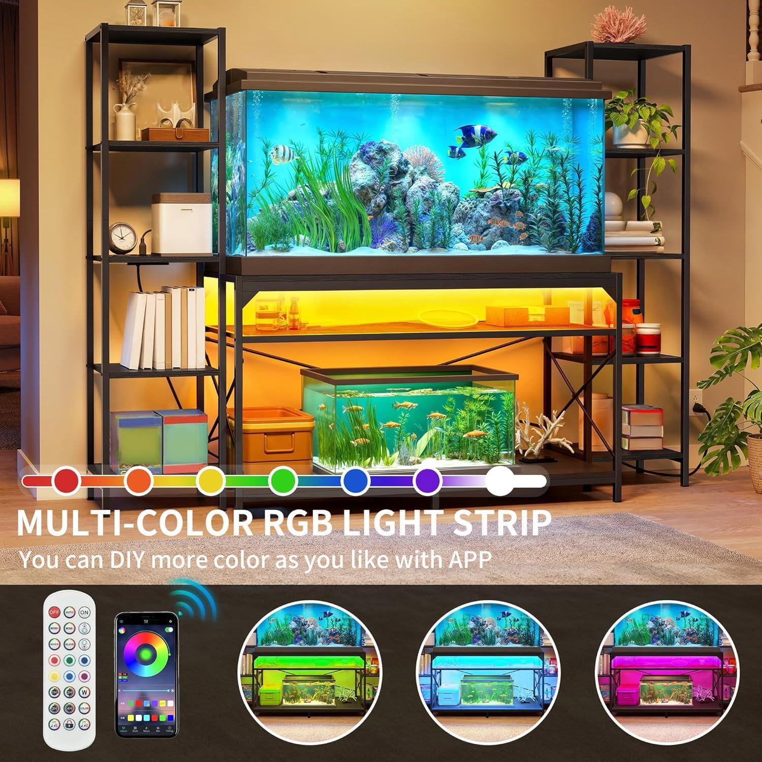 DWVO 55-75 Gallon Aquarium Stand with Power Outlets & LED Light, Display Stand for Turtle Tank, Reptile Terrarium, Heavy Duty Metal Fish Tank Stand Suitable for Living Room, Entryway, 860LBS Capacity