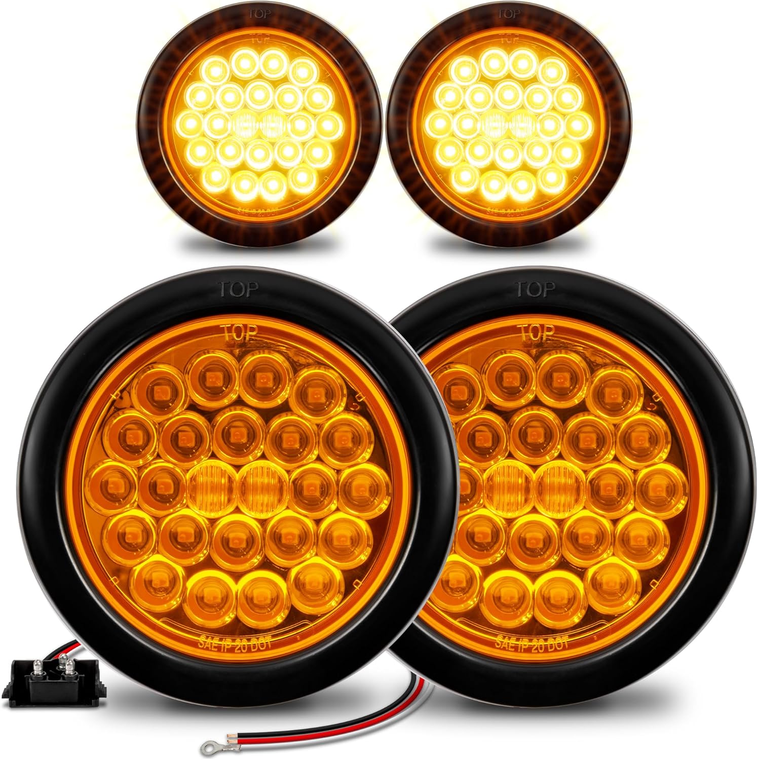 TRUE MODS 4pc 4" Round Amber 24 LED Trailer Tail Lights [DOT FMVSS 108] [SAE I6] [Grommet & Plug] [IP67 Waterproof] Park Turn Boat Horse Trailer Lights for RV Semi Truck Flatbed Camper