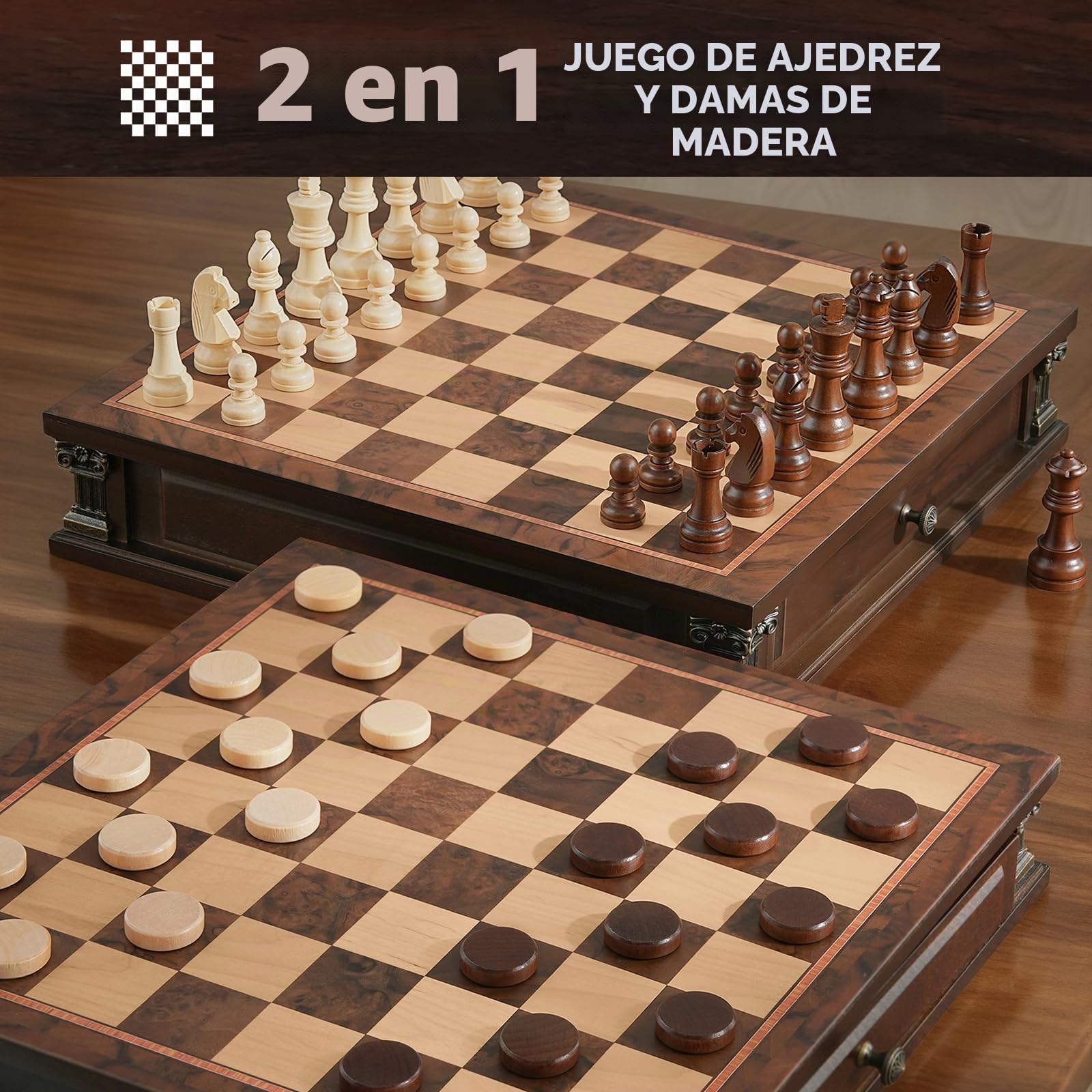 Peradix Juego de ajedrez magnético con 2 cajones de almacenamiento integrados, juegos de mesa de estrategia de madera de 15 pulgadas, 2 reinas extra, juego de ajedrez magnético de lujo para adultos