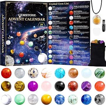 Hiawbon Gemstone Advent Calendar 2025, Crystal Advent Calendar, Healing Rocks, 24 Day Calendar with Gem Keychain Necklace for Xmas Home Office