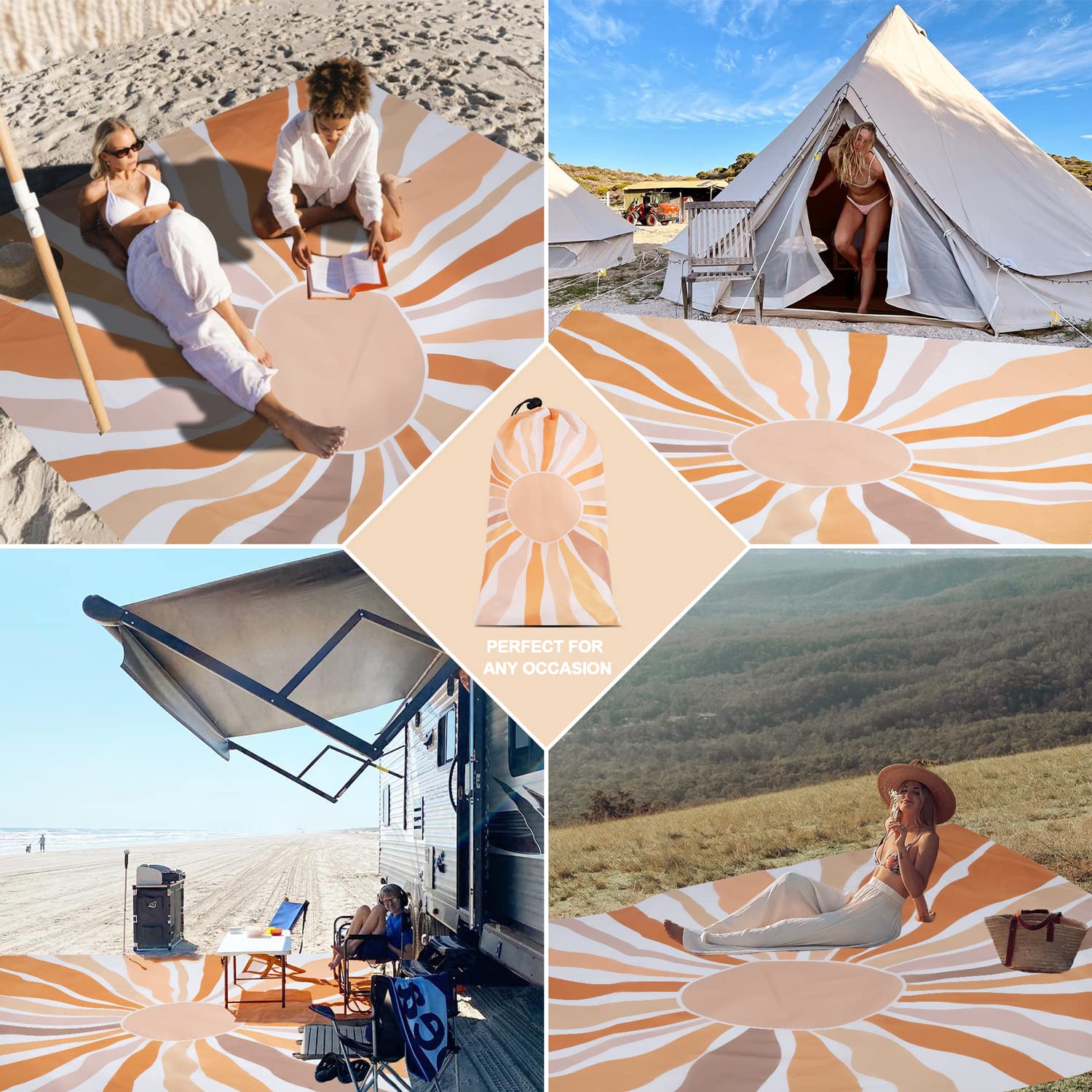 Stranddecke Sandfrei Wasserdicht, 200 x 220cm Extra Große Picknickdecke für 1-4 Personen, Leicht und Tragbar Strandmatte, Outdoor Decke mit 4 Heringen für Strand, Wandern, Reisen, Camping- Bohemian
