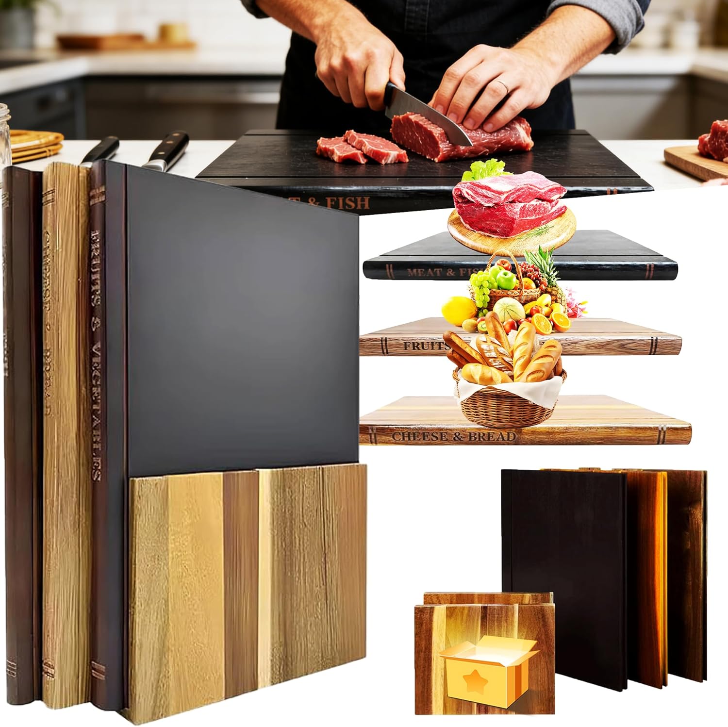 Book Cutting Board Set Wooden Cutting Board Library With Stand Book Cutting Board Set That Look Like Books,Set Of 4 Solid Wood Cutting Board for Cooking(SETS,4 PCS)