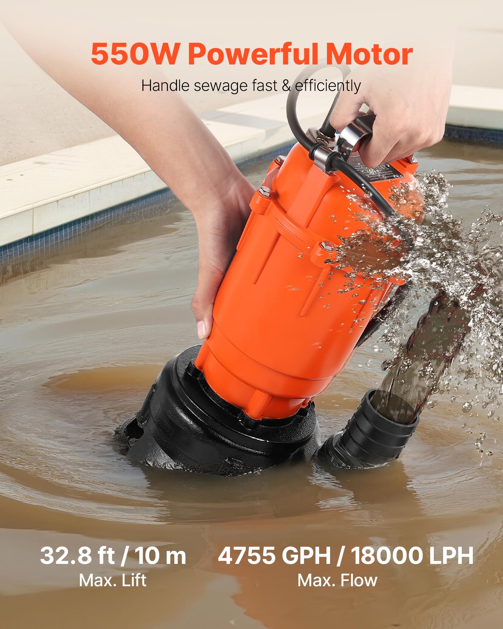 VEVOR 550W Tauchpumpe, 18000l/h, Gusseisen-Schmutzwasserpumpe mit 5,08cm Auslass, 10m max. Förderhöhe, zum Abpumpen von Schmutzwasser, für Pools, Gärten, Teiche, Keller & überflutete Bereiche