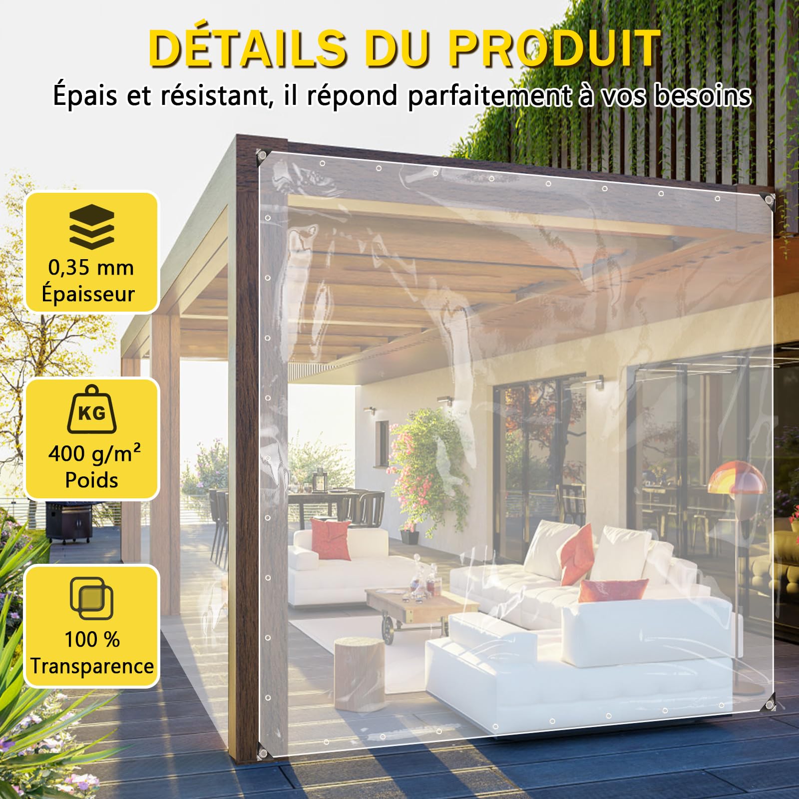Bâche de Protection Exterieur, 420 g/m² 3 x 4 m Imperméable Bâche Transparente avec Œillets, Bâches Résistante aux Intempéries avec Corde et Serrecâbles, pour Meubles de Jardin, Ferme, Voiture, Bassin