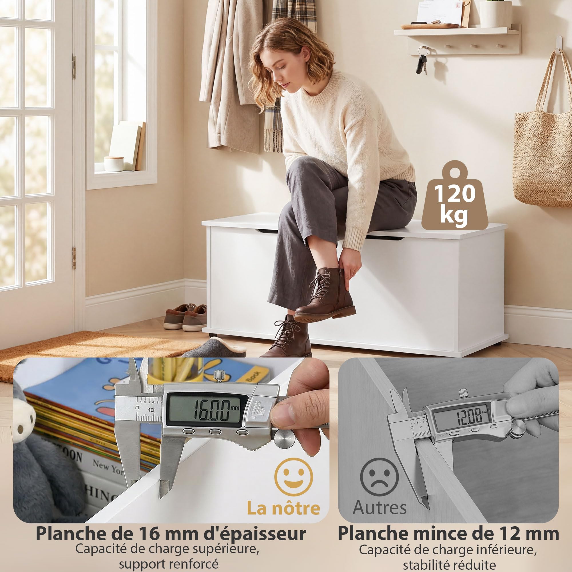 HOMCOM Coffre de Rangement Couvercle Rabattable 100x40x40 cm Blanc | Banc de Rangement, Charnières de Sécurité, Banc Chaussures, Meuble d'Entrée, Couloir, Chambre, Salon