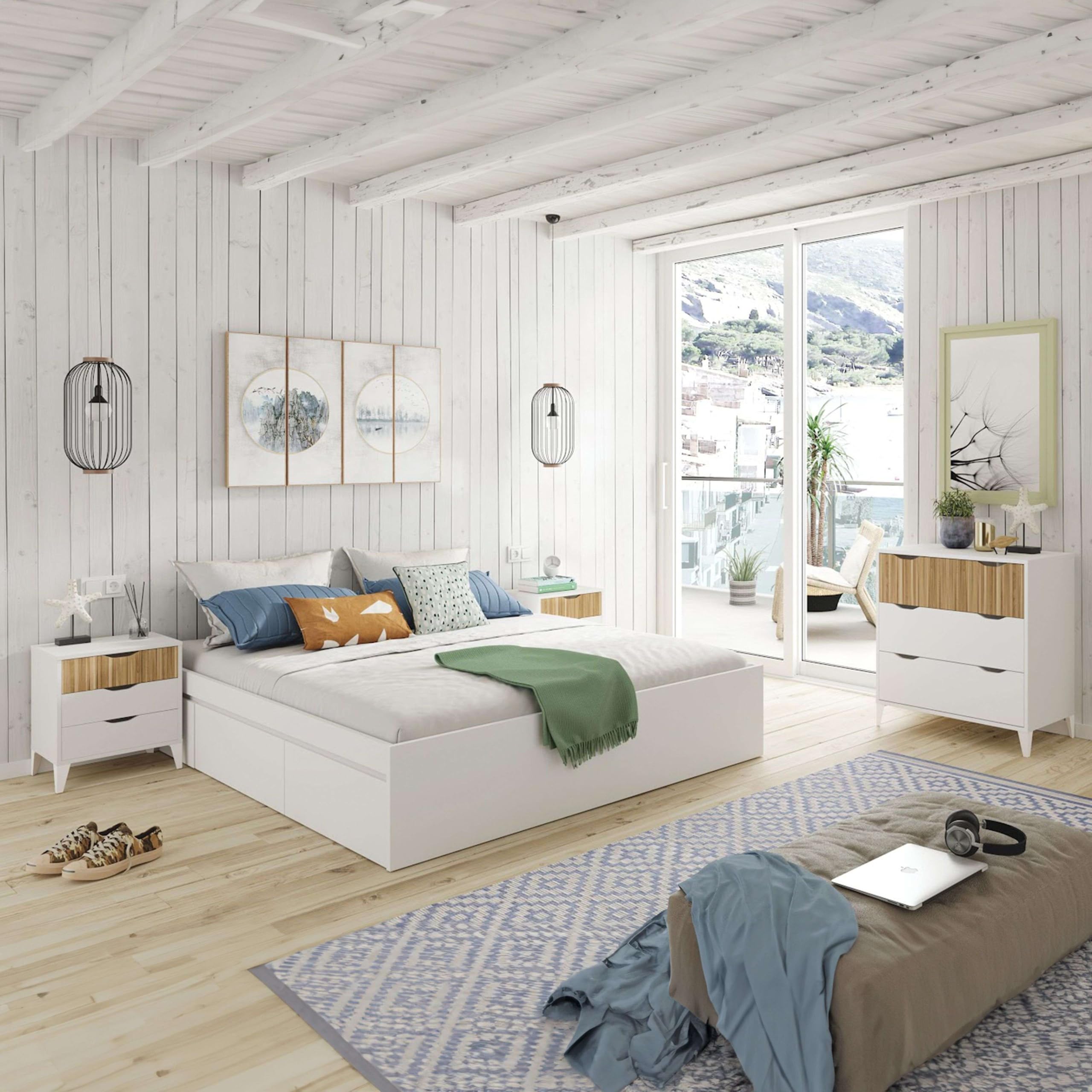 Pack Muebles Dormitorio Matrimonio Completo Estilo Nórdico Color Roble Natur y Blanco Mate