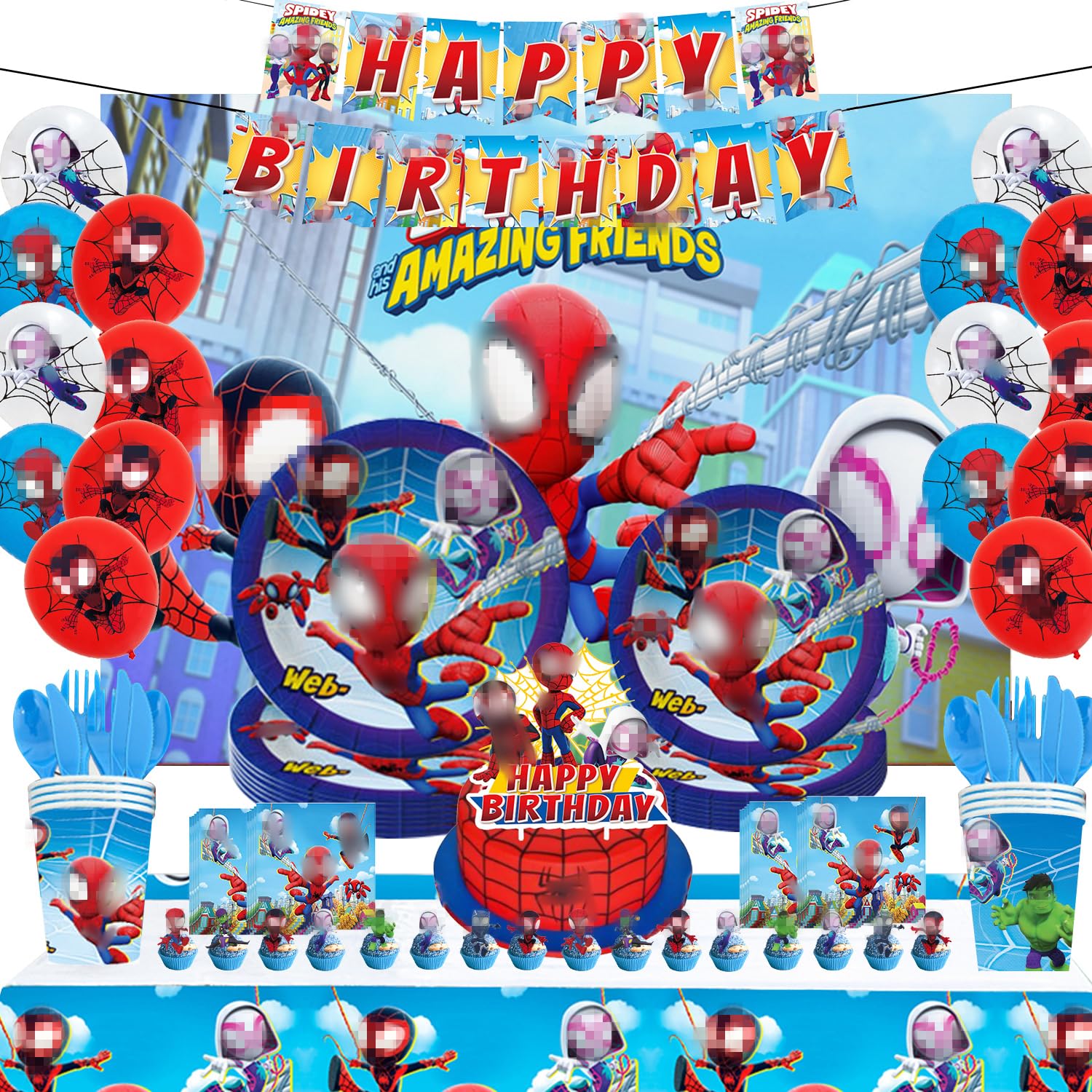125Pcs SpiderThemed Party Tableware Set - Includes Paper Plates, Cups, Napkins, Balloons, Backdrop,Banner,knives, forks and spoons - Perfect for Kids' Birthday Parties & Family Gatherings