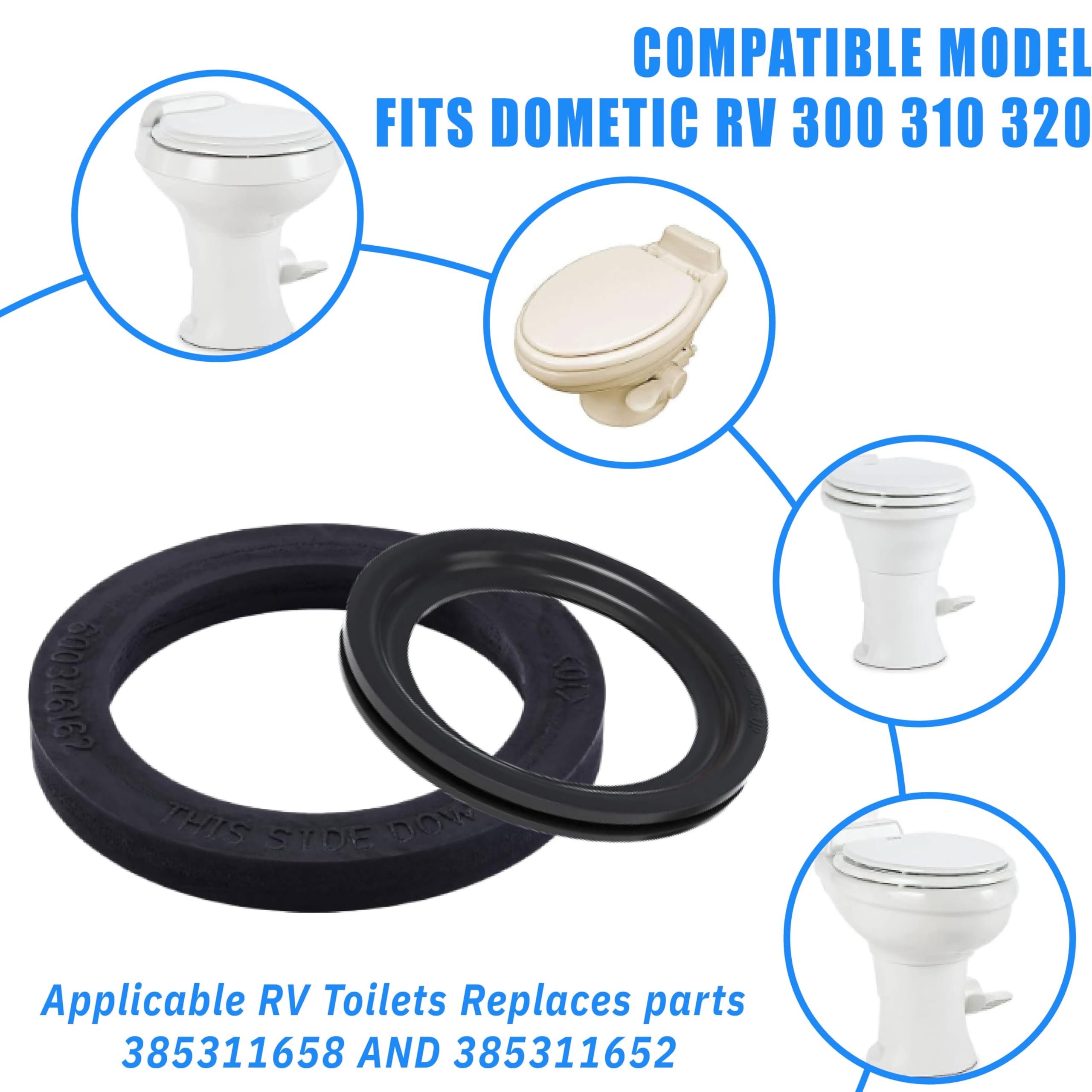 Kit di guarnizioni per WC RV per parti di ricambio 385311652 Guarnizione base WC e 385311658 Guarnizione per sciacquone, compatibile con guarnizione flangia WC Dometic serie 300/310/320, blocca le