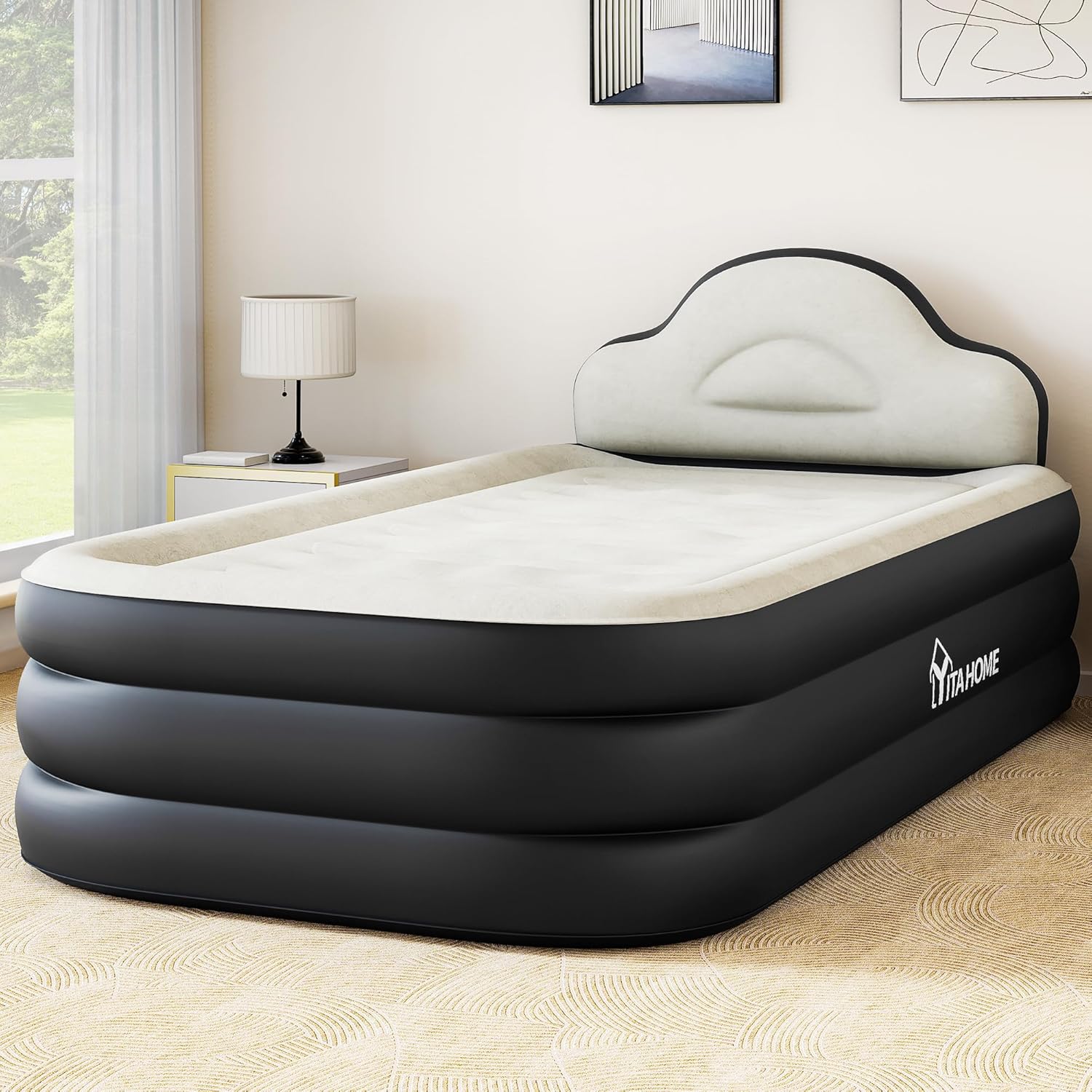 YITAHOME Twin XL Size Air Bed with Integrated Pump and Headboard, 18-inch Blow-Up Mattress Including Extra Inflation Valve, Carry Bag, and Repair Kit, Ideal for Travel, Camping, and Guest (Black)