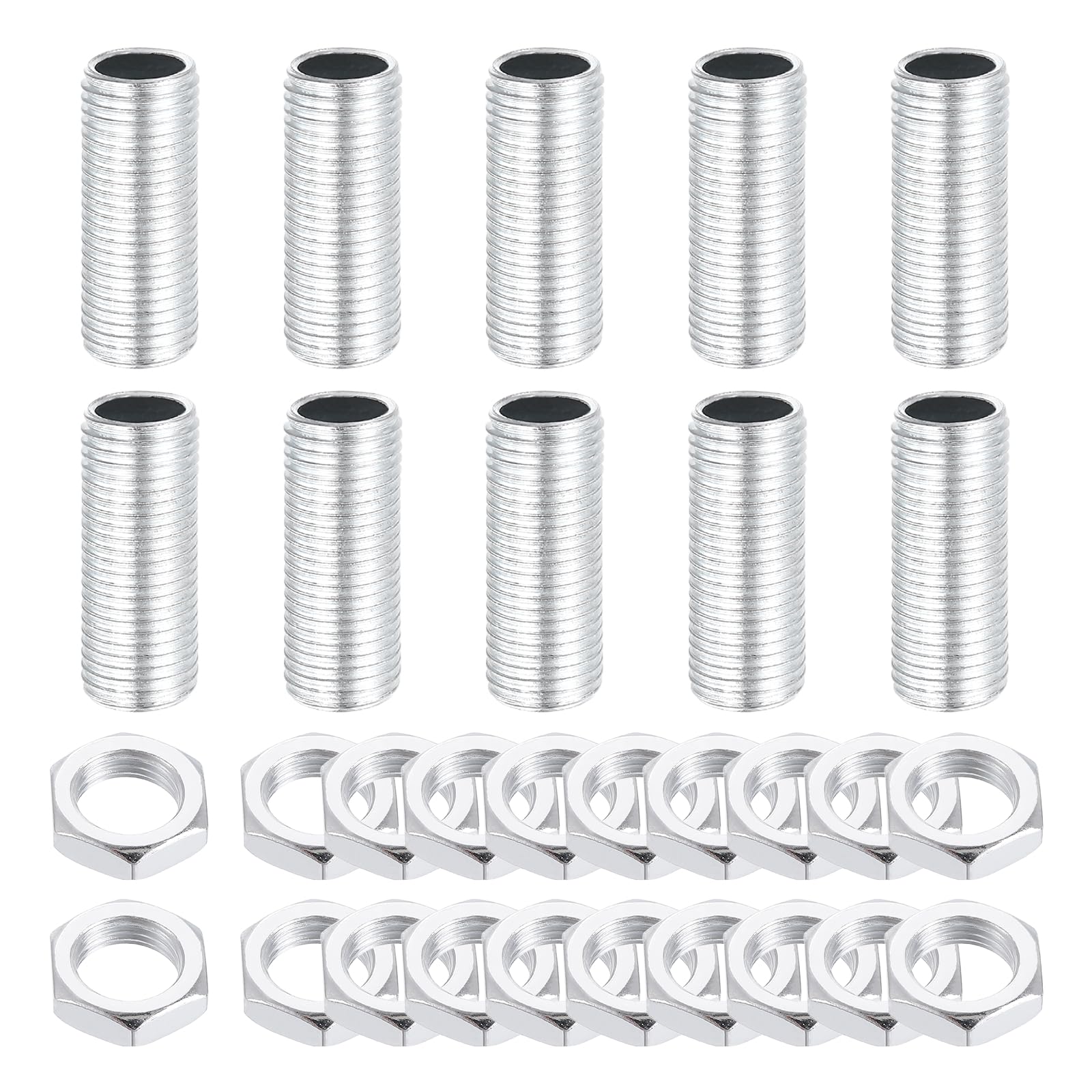 sourcing map 10Pcs 25mm Lamp Pipe Nipples Kit with Lock Nuts, M10x1 Fine All Threaded Hollow Tube Lamp Repair Hardware Fasteners for Chandelier Ceiling Lamps Assembly DIY, White Zinc โ image 1