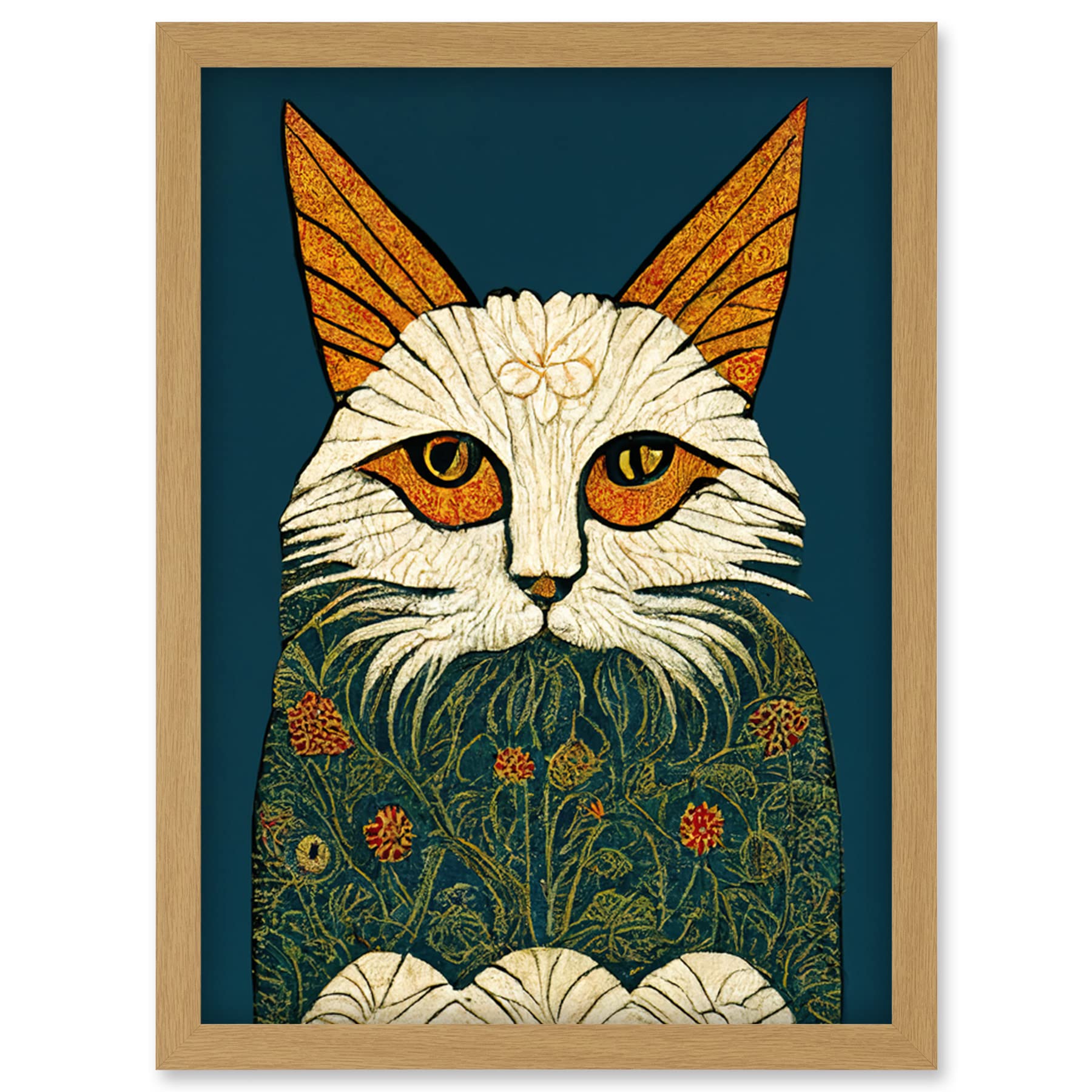 Doppelganger33 LTD Melancholy Moggie Cat Illustration William Morris Style Teal Gold Artwork Framed Wall Art Print A4