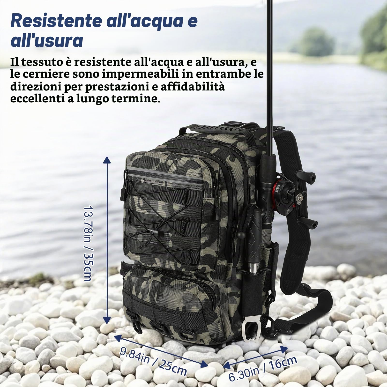 MoKo Zaino da pesca impermeabile con portacanne, verde mimetico | Borsa da pesca in nylon con 3 tasche, supporto per 2 canne e spallacci regolabili per campeggio ed escursionismo.