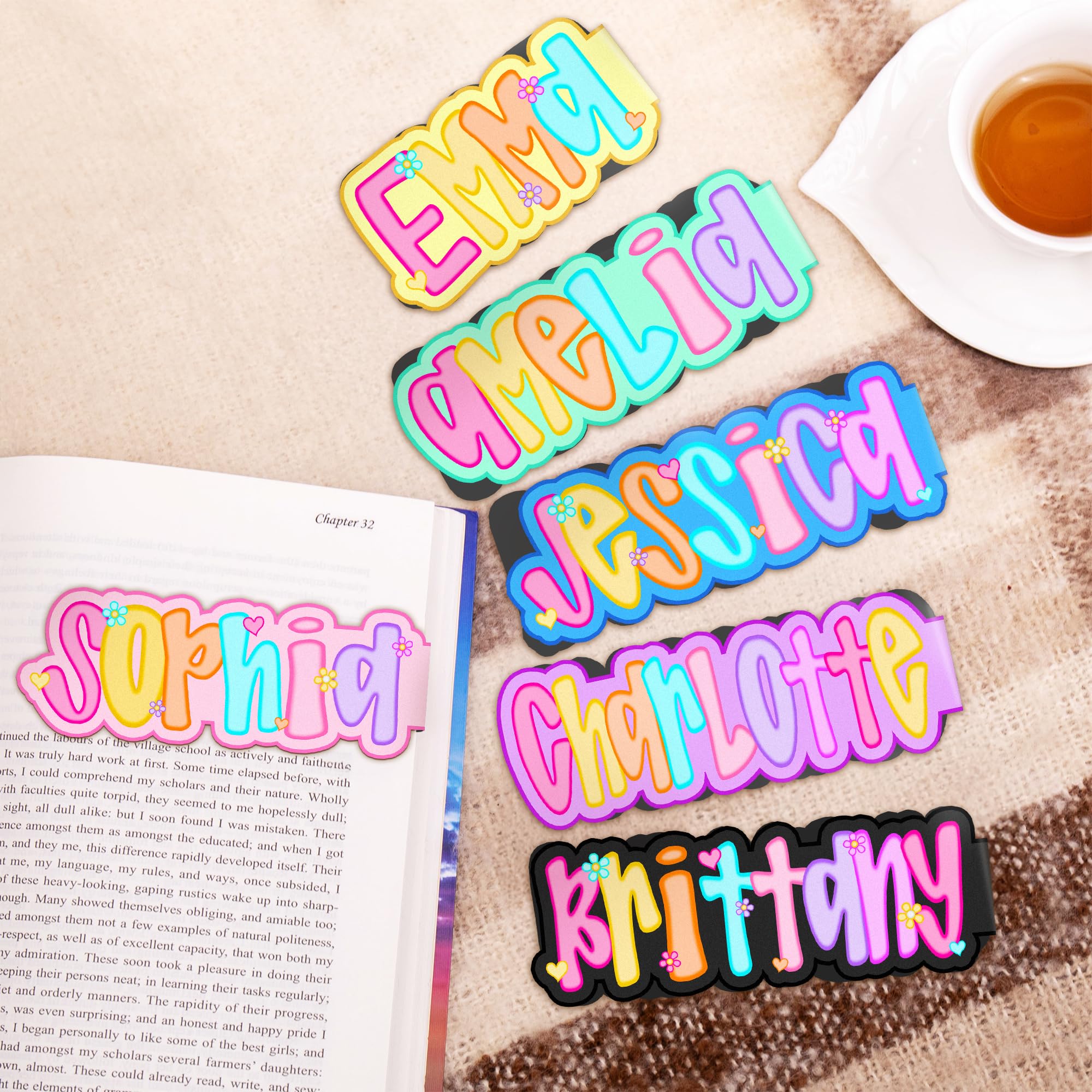 callie moment Personalised Magnetic Bookmark with Name - 2PCS Custom Coloured Letter Book Marks Clip - Gifts for Reading Women, Men, Book Lovers, Kids, Readers Accessories (Flower Heart)