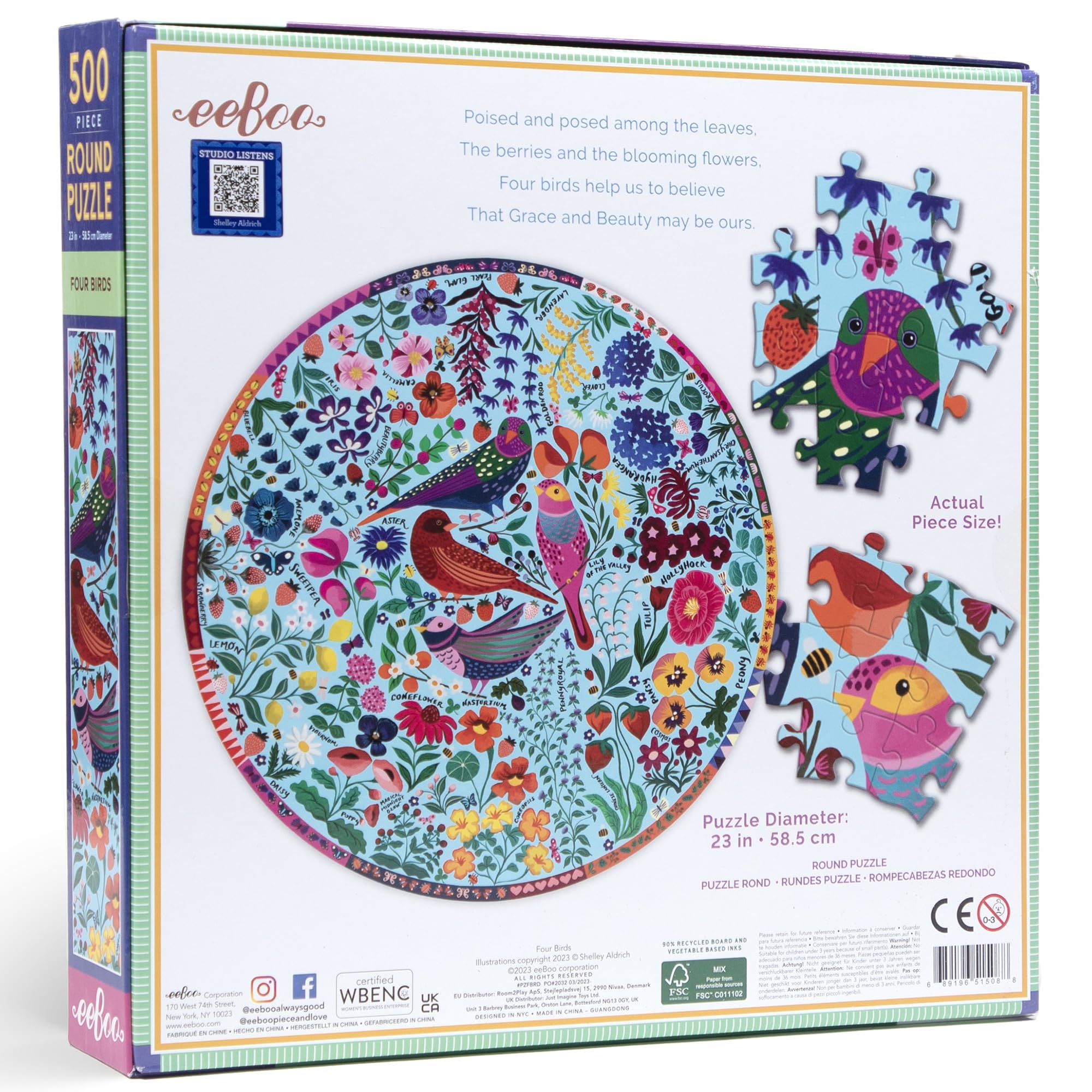 eeBoo Piece & Love: Four Birds - 500 Piece Puzzle - Adult Round Jigsaw, 23" Diameter, Includes Image Reference Insert, Glossy Pieces - Image 3