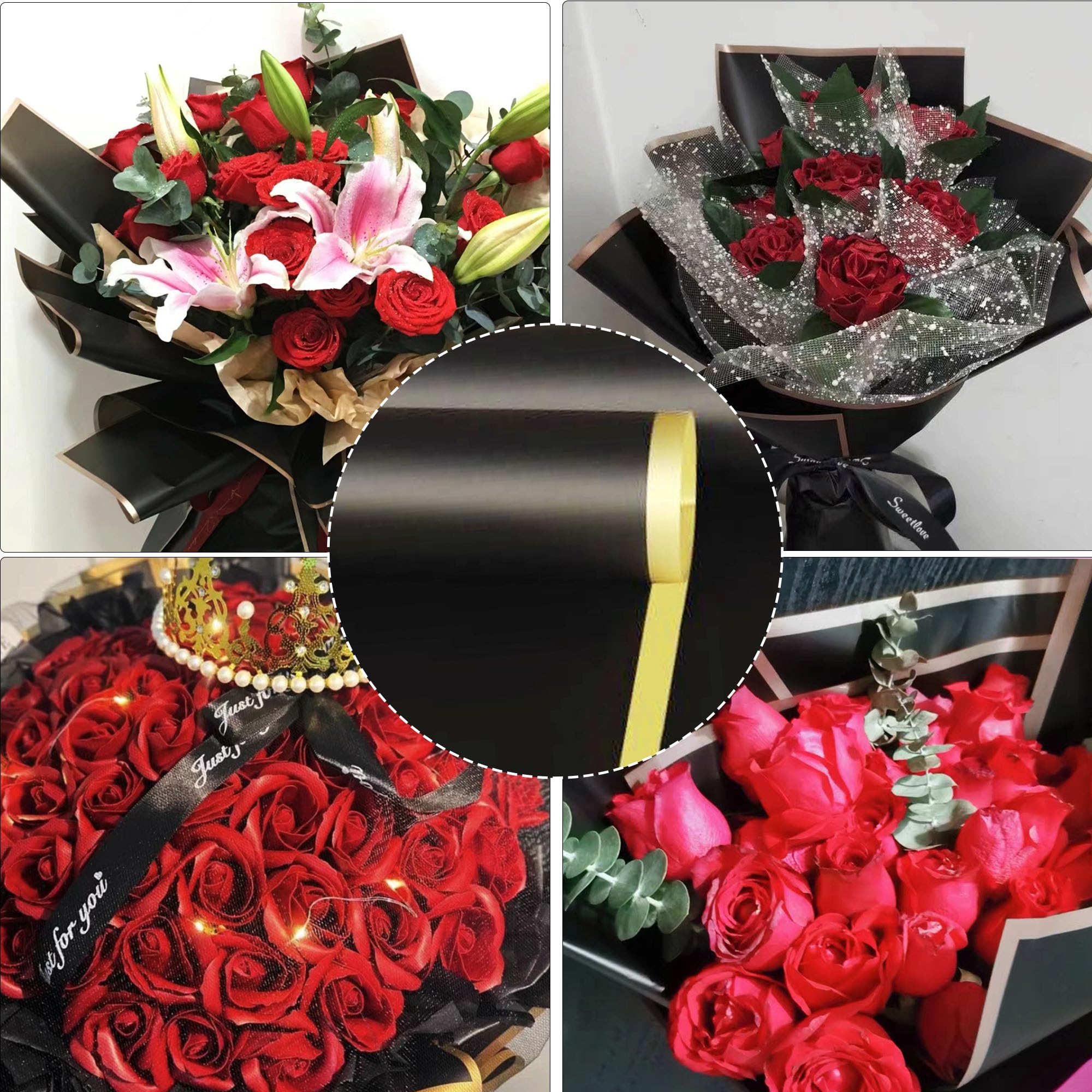 DMIMIA Papel Coreano para Flores Impermeable, 20 Hojas 56x56 cm, Papel para Envolver Ramos de Boda y Regalo Floral(Negro, Borde Dorado)