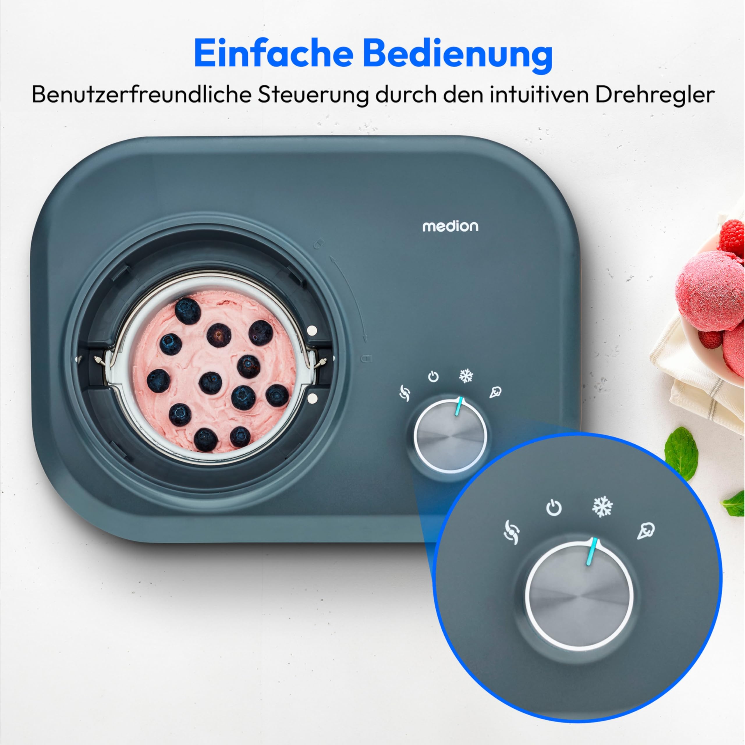 MEDION Eismaschine mit Kompressor 1 Liter 100 Watt Aluminium Eisbehälter MD 10169