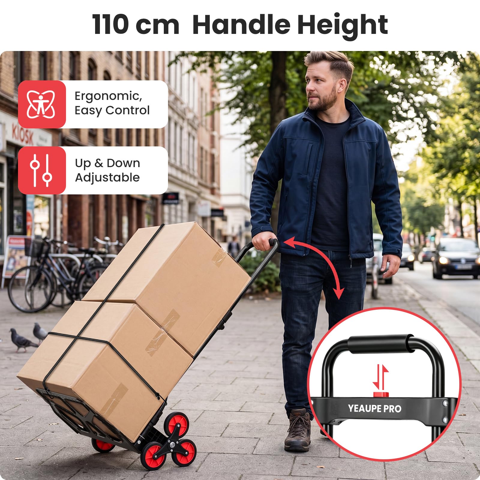 YEAUPE PRO Faltbare Treppensackkarre Höhenverstellbar 50 kg Schwarz | TPR-Rollen, 2 elastische Spanngurte und verstellbarer Griff für Treppen, Umzug, Garten und Transport von Gegenständen