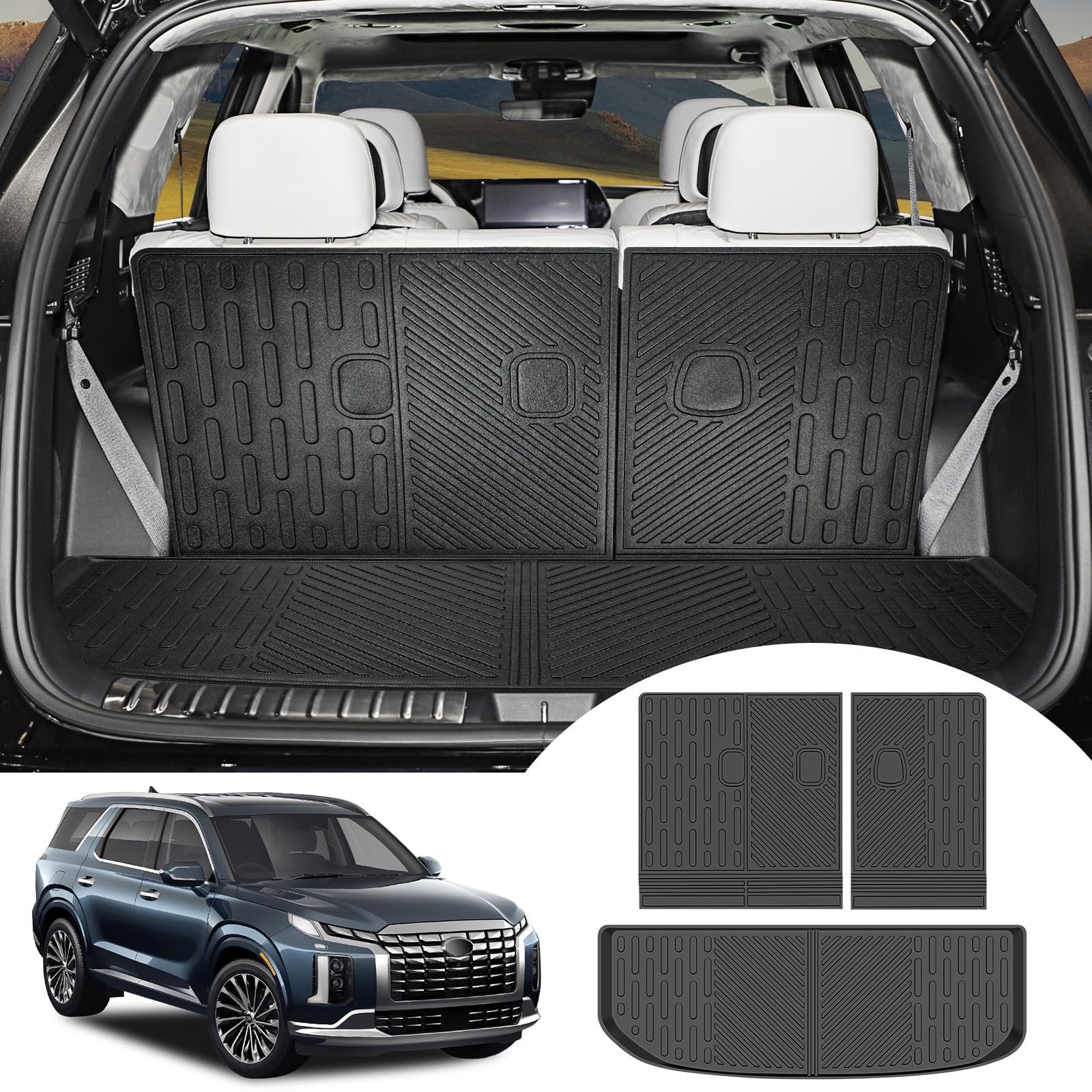 Photo 1 of Rear Cargo Mat & Backrest Mat for 2020-2024 Hyundai Palisade All Weather TPE 3rd Row Seat Back Protector Trunk Cargo Liner for 2020 2021 2022 2023 2024 Hyundai Palisade Accessories Trunk Mat + Backrest Mat