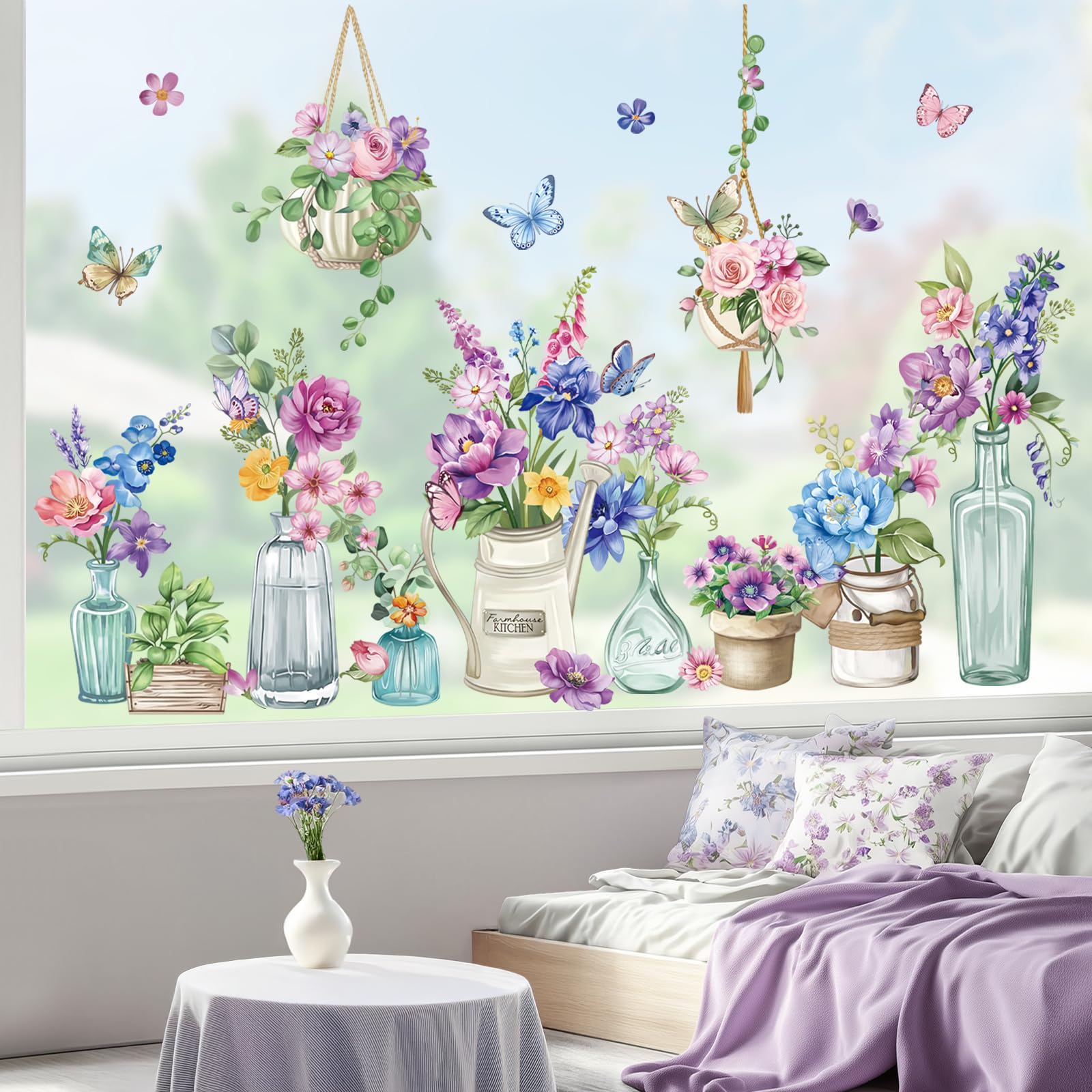 wondever Spring Summer Potted Flowers Window Clings Floral Vase Butterflies Glass Sticker Decal Anti Collision Double-Side Static Window Stickers for Home Glass Window - Image 2