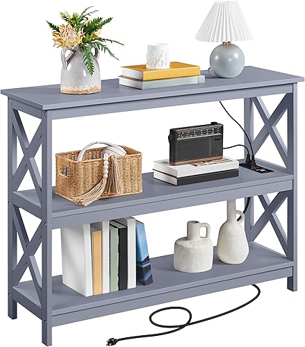 Yaheetech Mesa consola con toma de corriente, mesa de sofá estrecha de 3 niveles con estantes de almacenamiento, mesa auxiliar de entrada de madera