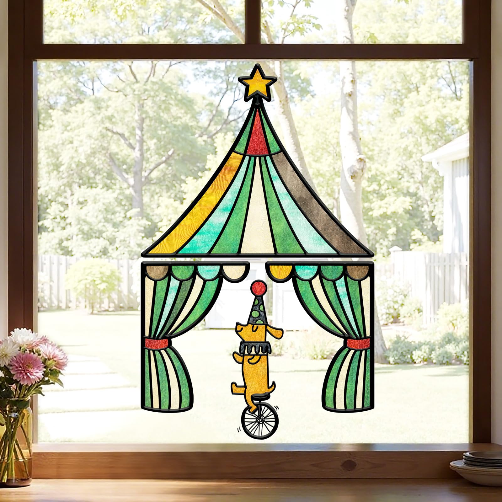 Window Stickers, ‌Stained Glass Window Privacy Film, UV Blocking Static Cling for Home Kitchen Office Bathroom, Circus, 17.72" X 31.5"