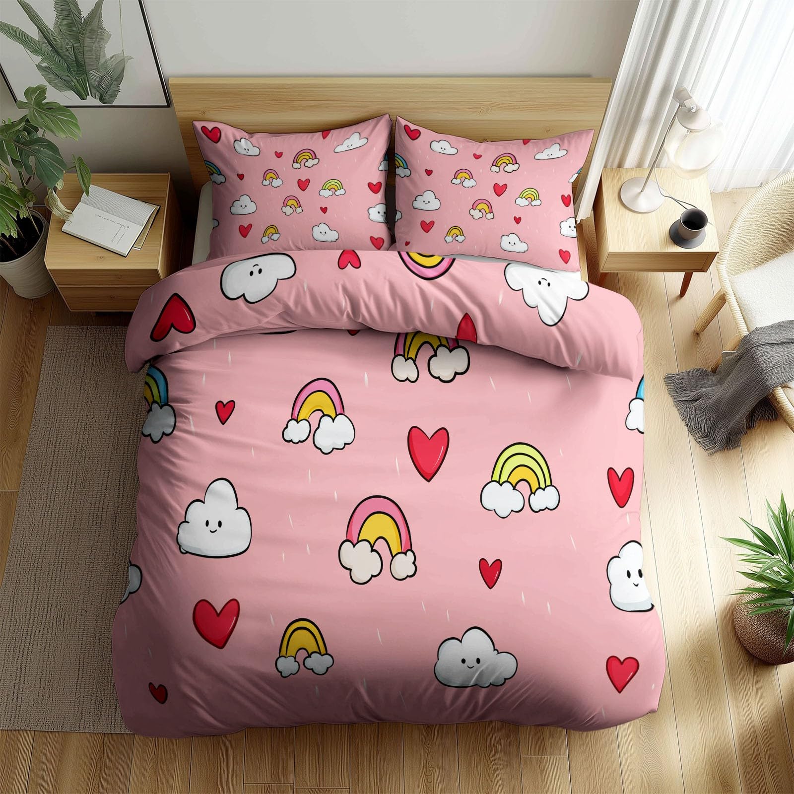 Cartoon Style Print Duvet Cover Sets Single Size, Rainbow Clouds Hearts Bedding Set for Kids Teens - Soft Breathable Easy Care Decor Lightweight Duvet Cover Bedding