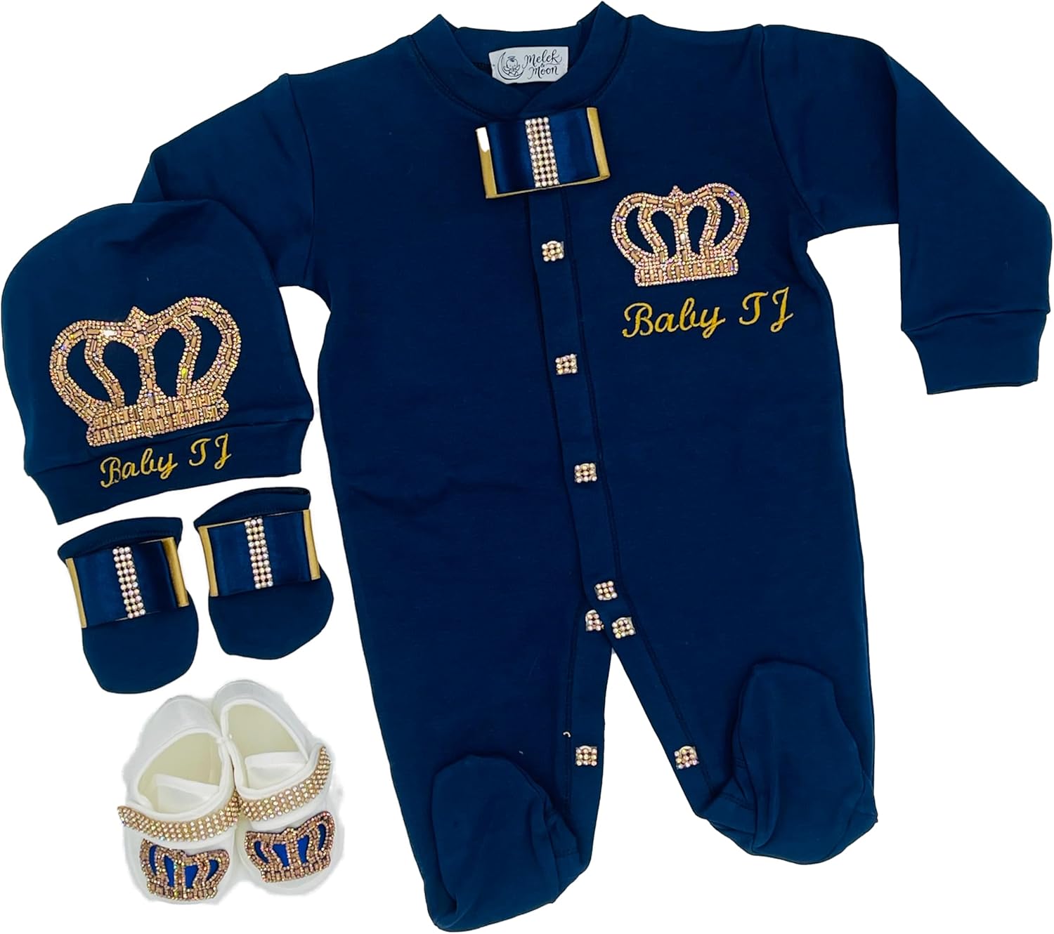 MELEK & MOON Personalized Luxury Infant Newborn Baby Boy Outfit – 4-Piece Cotton Set – Pure Love Prince Majestic Set