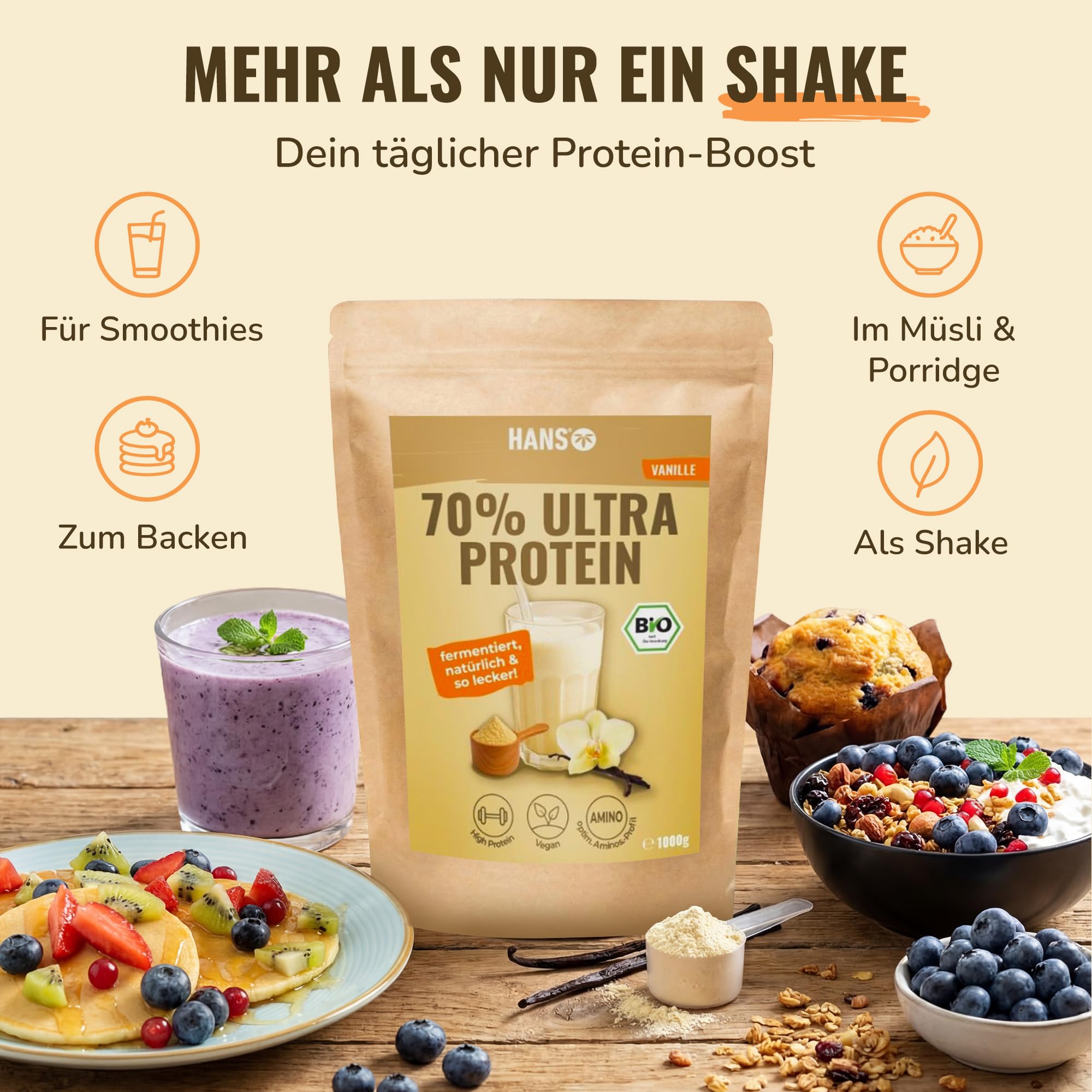 HANS Brainfood Veganes Proteinpulver Vanille - Bio Zertifiziert aus Bayern – 70% fermentiertes Erbsenprotein ohne Süßungsmittel, cremig & gut löslich – Protein Pulver vegan, 1kg