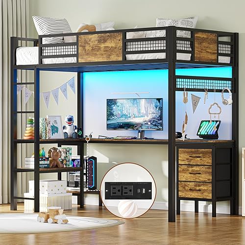 BTHFST Twin Loft Bed with L-Shaped Desk, Metal Twin Size Bed Frame with LED Lights & Charging Sation, 3 Fabric Drawers, 2-Tier Storage Shelves, Safety Guard & Ladder, No Box Spring Needed