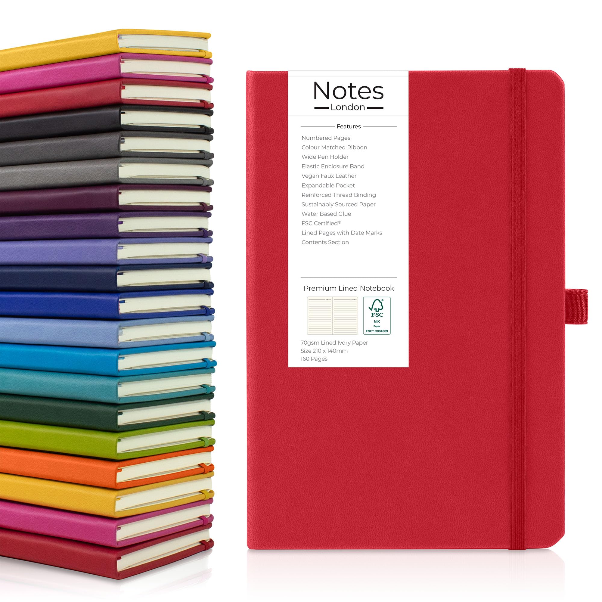 Notes London Eco A5 Notebook with Lined Pages, Pen Loop, Ribbon, Date Marks, Paper Pocket, Numbered Pages & Contents Page, Medium Hardback Journal, sustainably sourced paper (Red)