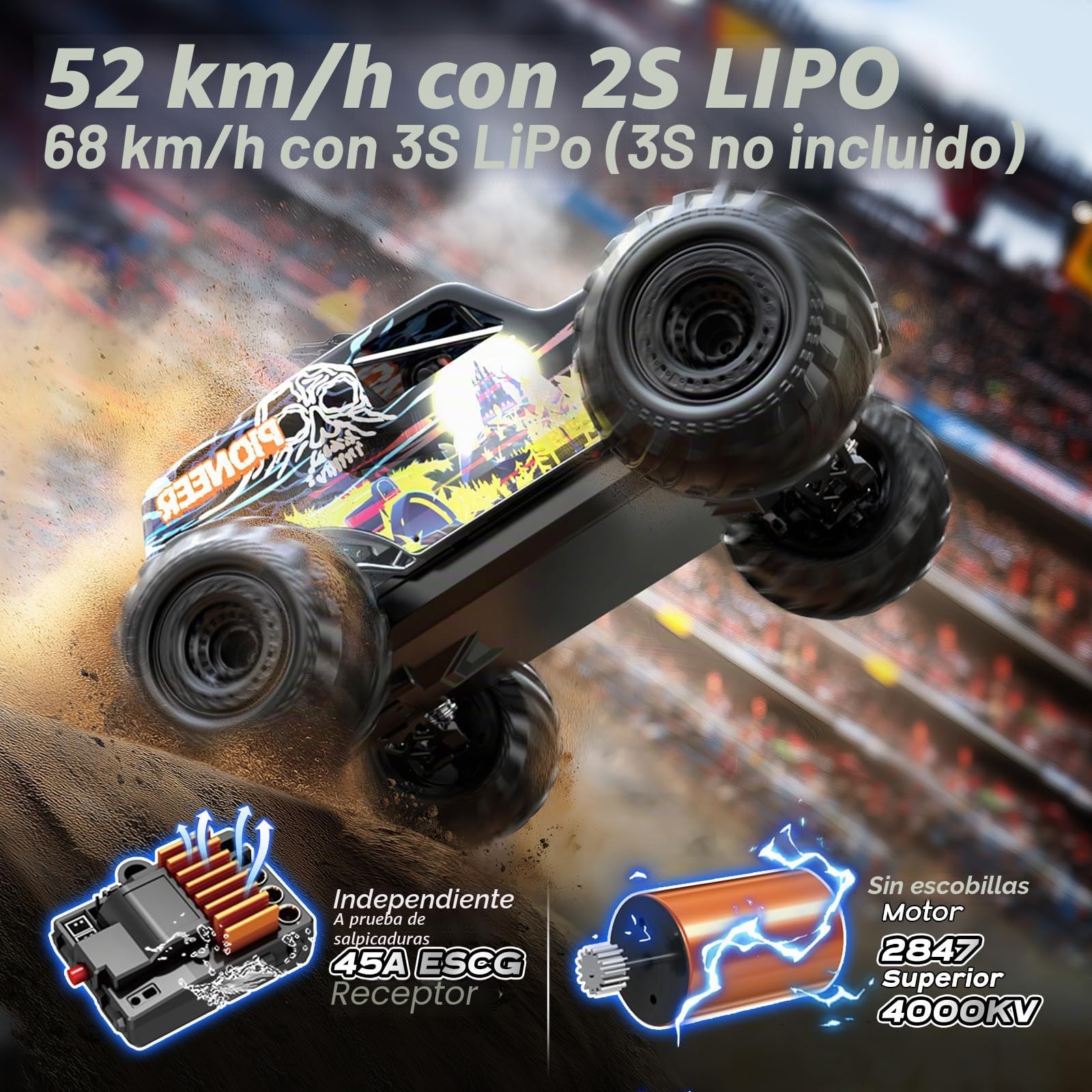 Coche Teledirigido adulto Brushless 1:14, RC Car 4WD Máximo 70 km/h con Amortiguadores de Aceite, 2 Baterías 2S 1500mah batería de iones de litio, Compatible con 3S, Coche Radiocontrol Alta Velocidad