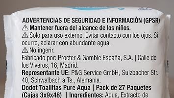 Dodot Pure Aqua Wipes, 1296 Wipes, Pack of 27 Packs (3 Boxes of 9x48), Lotion with 99% Water, Soft Texture, Dermatologically Tested
