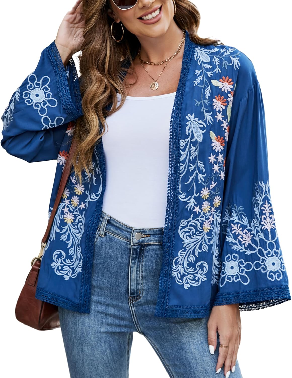Bohemian Floral Emboridery Blouse Fou Women Kimono Cardigan, Open Front Mexican Long Sleeve - Image 5